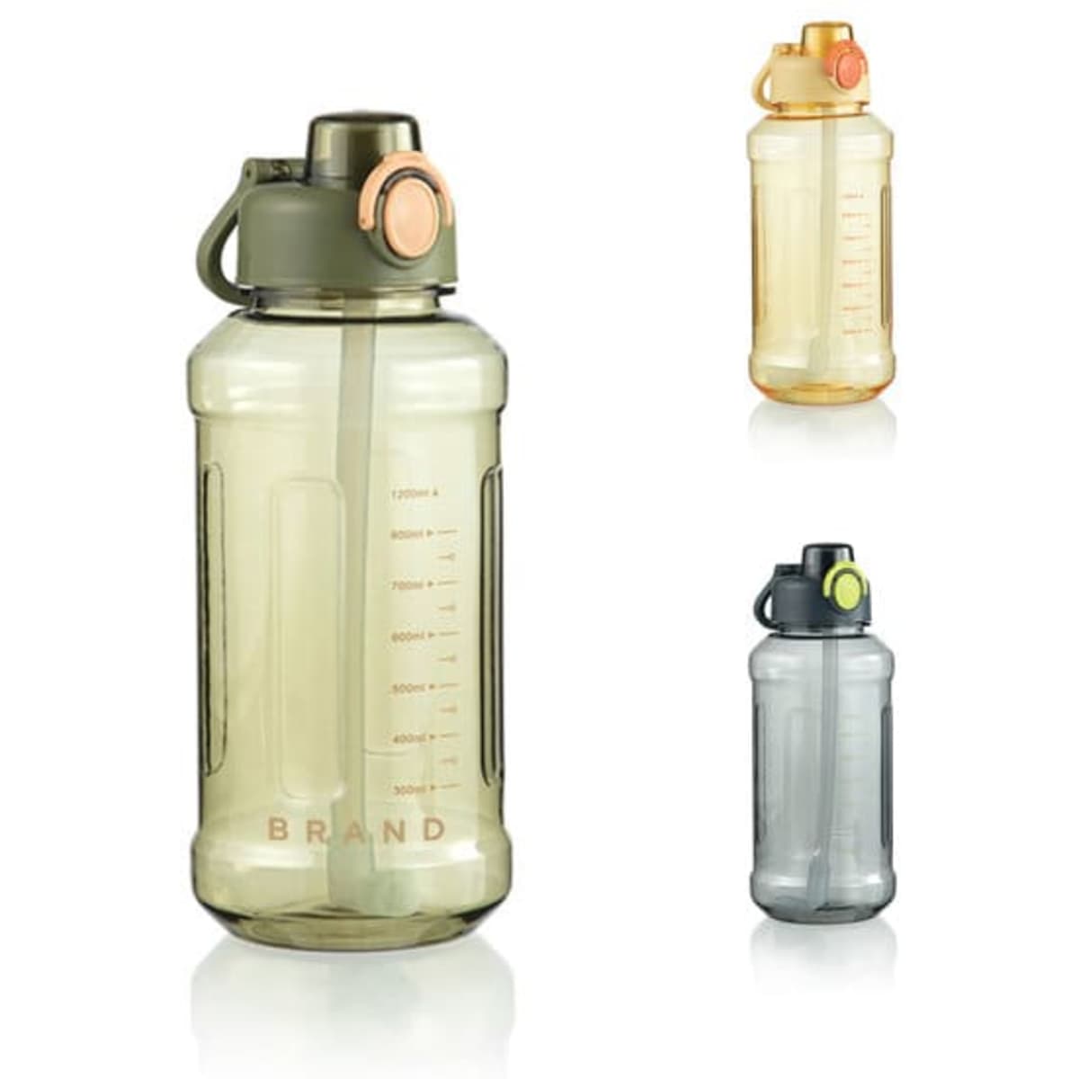 A drink bottle with a scale, featuring a green lid, transparent body, and a logo. Available in multiple colours.