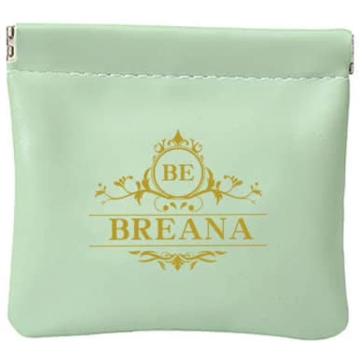 A mint green cosmetic bag with a gold logo and zipper closure, suitable for toiletries and small accessories.