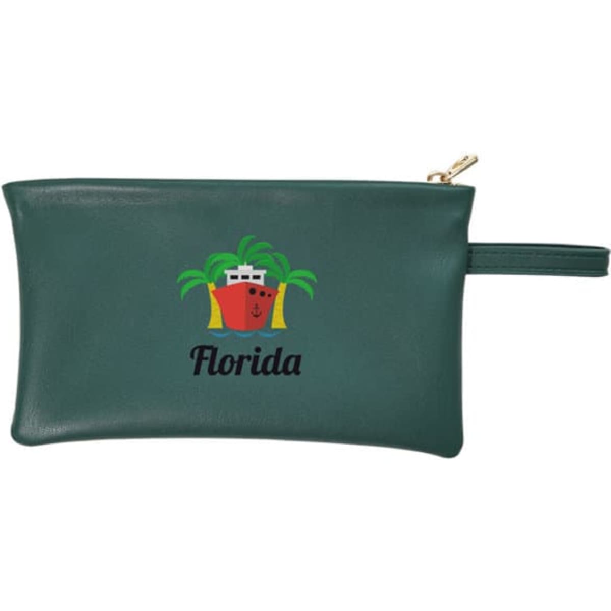 A green soft leather mini zippered pouch with a decorative logo and wrist strap.
