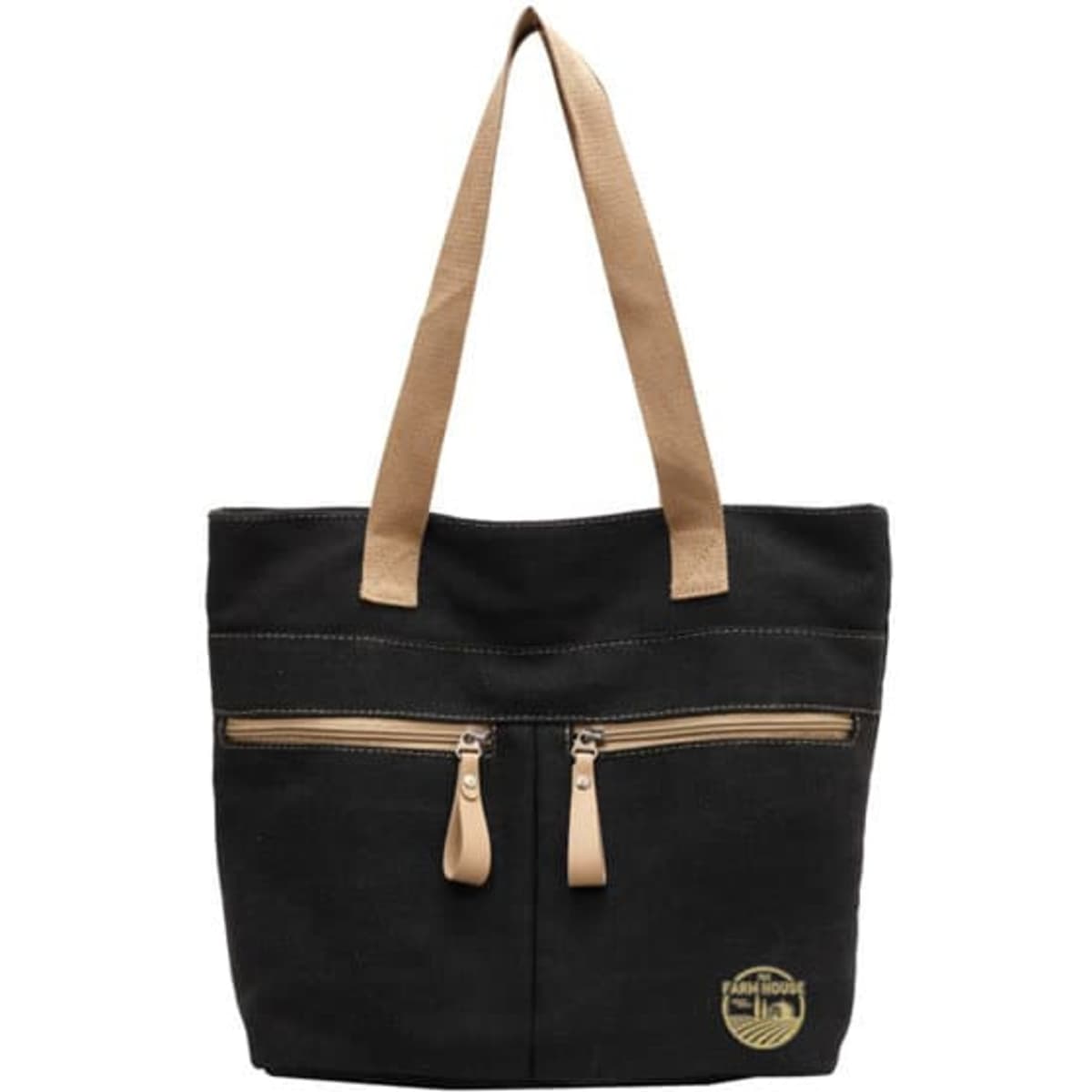 A black canvas bag with tan straps and two front zippered pockets, featuring a logo.