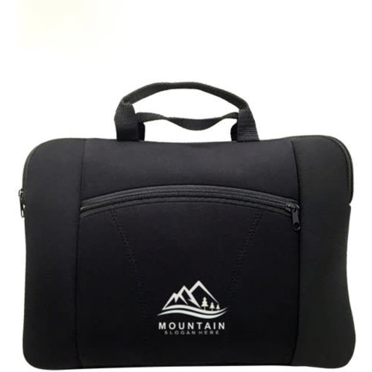 A black neoprene laptop sleeve featuring a zippered pocket and a logo. It has carry handles for easy transport.