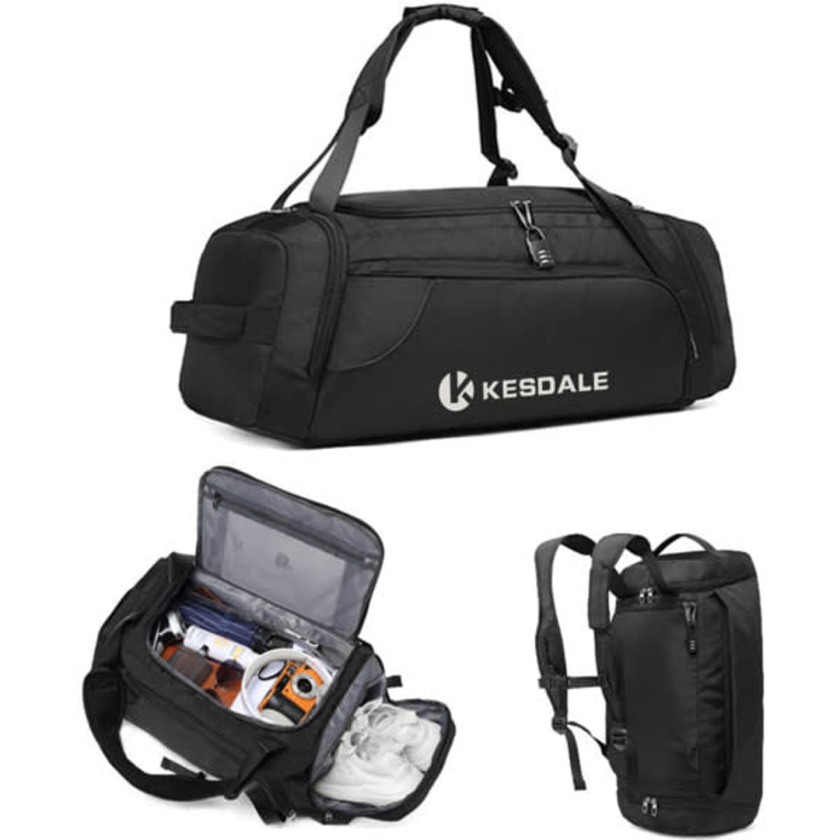 A large black duffel bag with shoulder straps and a zippered front compartment, featuring an interior pocket.