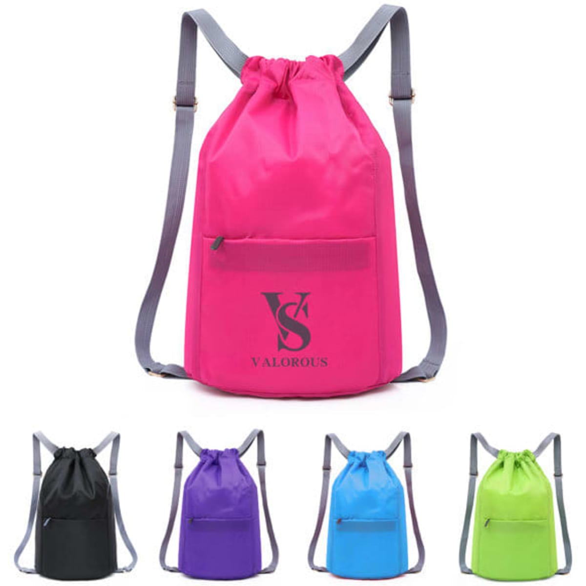 A large capacity drawstring sports backpack in bright pink with a front pocket and adjustable straps. Available in purple, blue, and green.