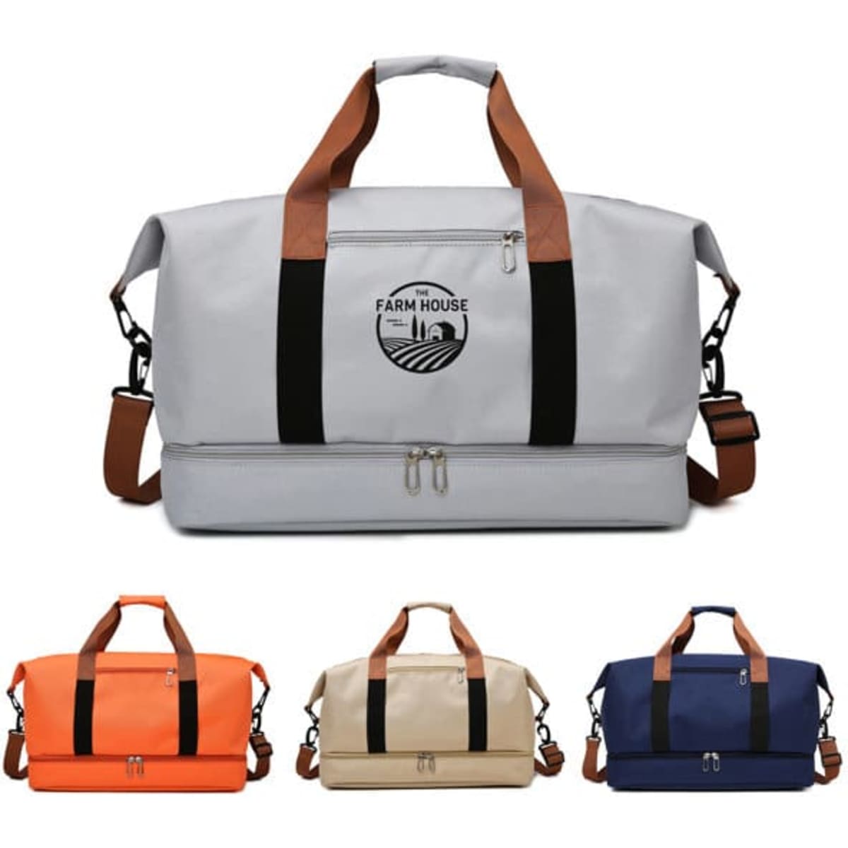 A large capacity travel weekender bag in grey, with orange, beige, and navy options, featuring a logo and dual handles.