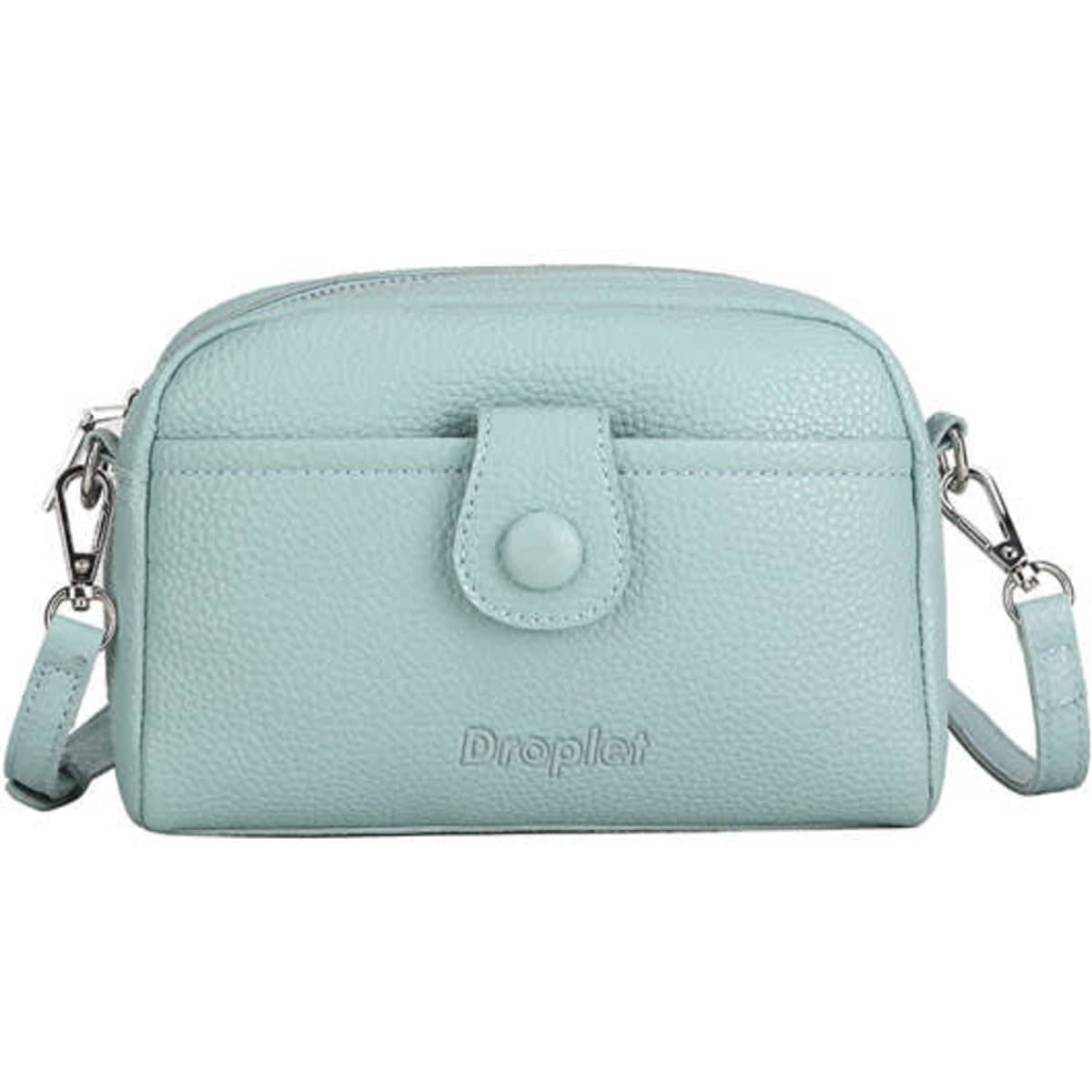 A small crossbody bag in mint green PU leather with a front pocket and adjustable strap. It features branding on the front.