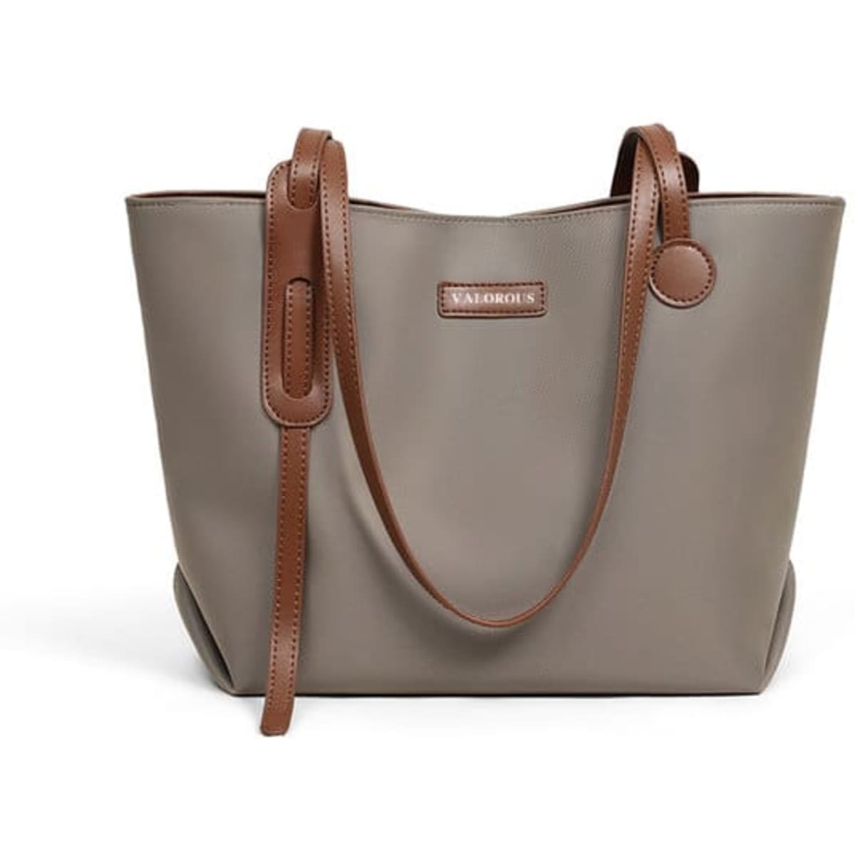 A large capacity tote bag in grey with brown straps and a logo on the front.