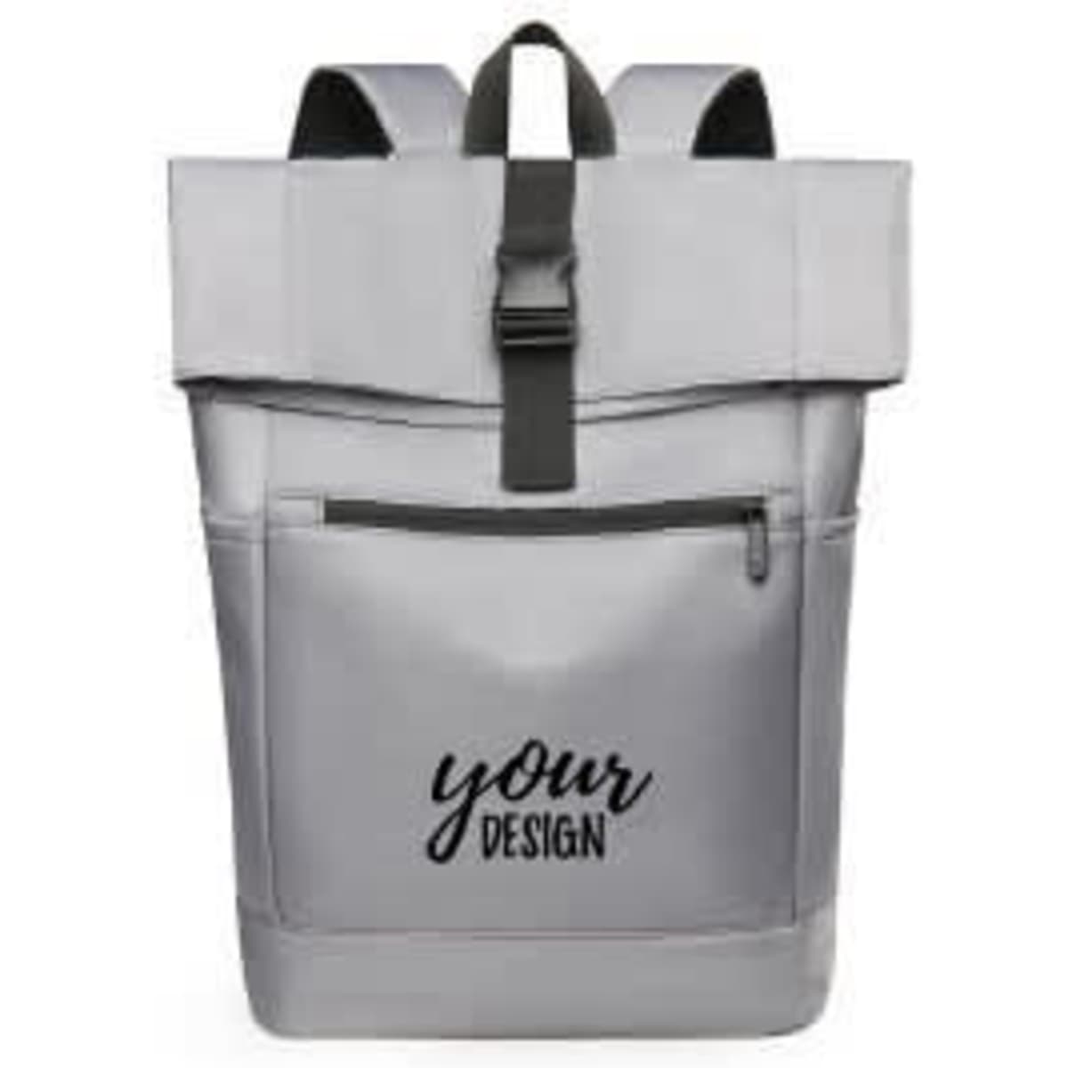 A grey fashionable laptop backpack with a roll-top design and front zipper pocket features a logo.