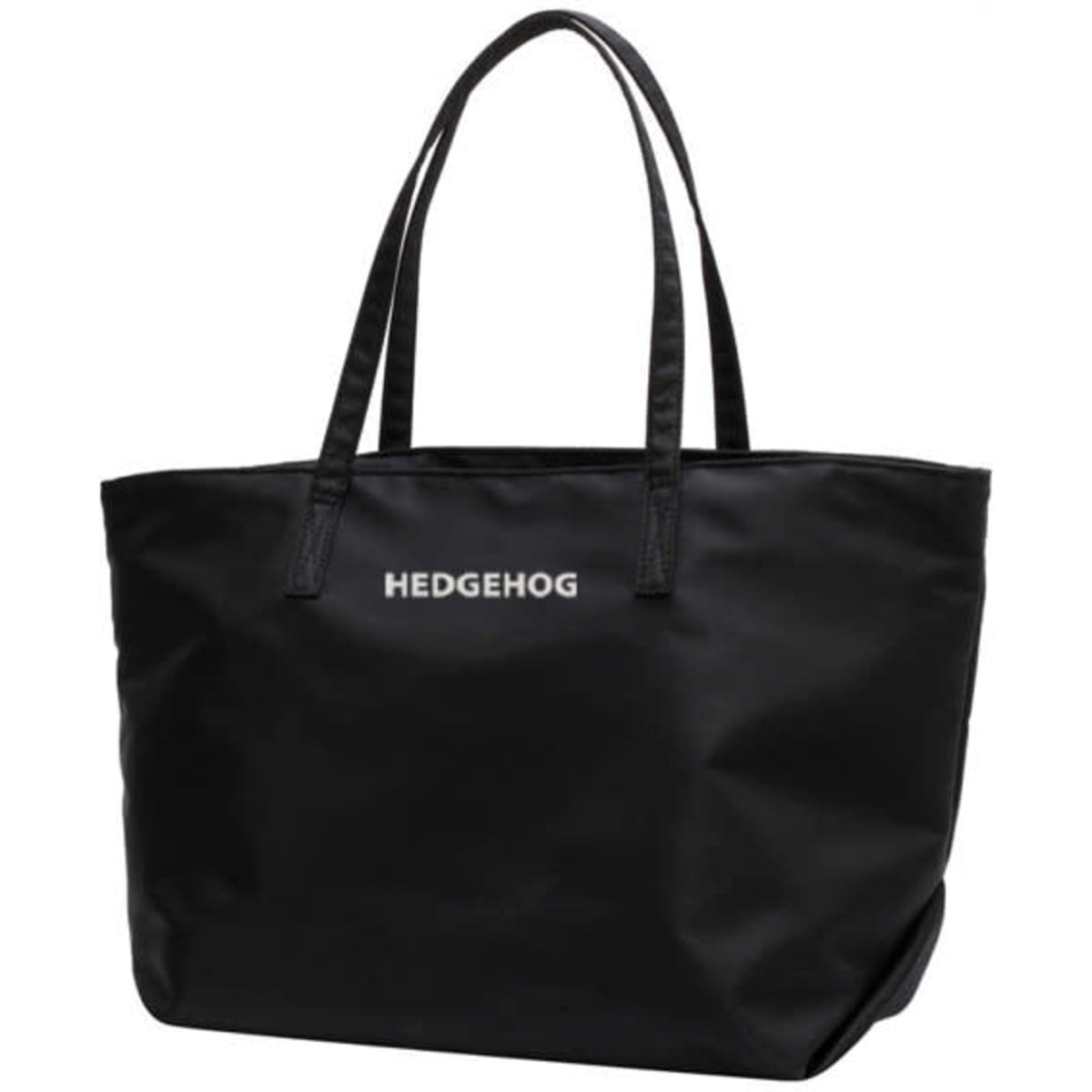 A large black nylon tote bag with two sturdy handles and a logo on the front.