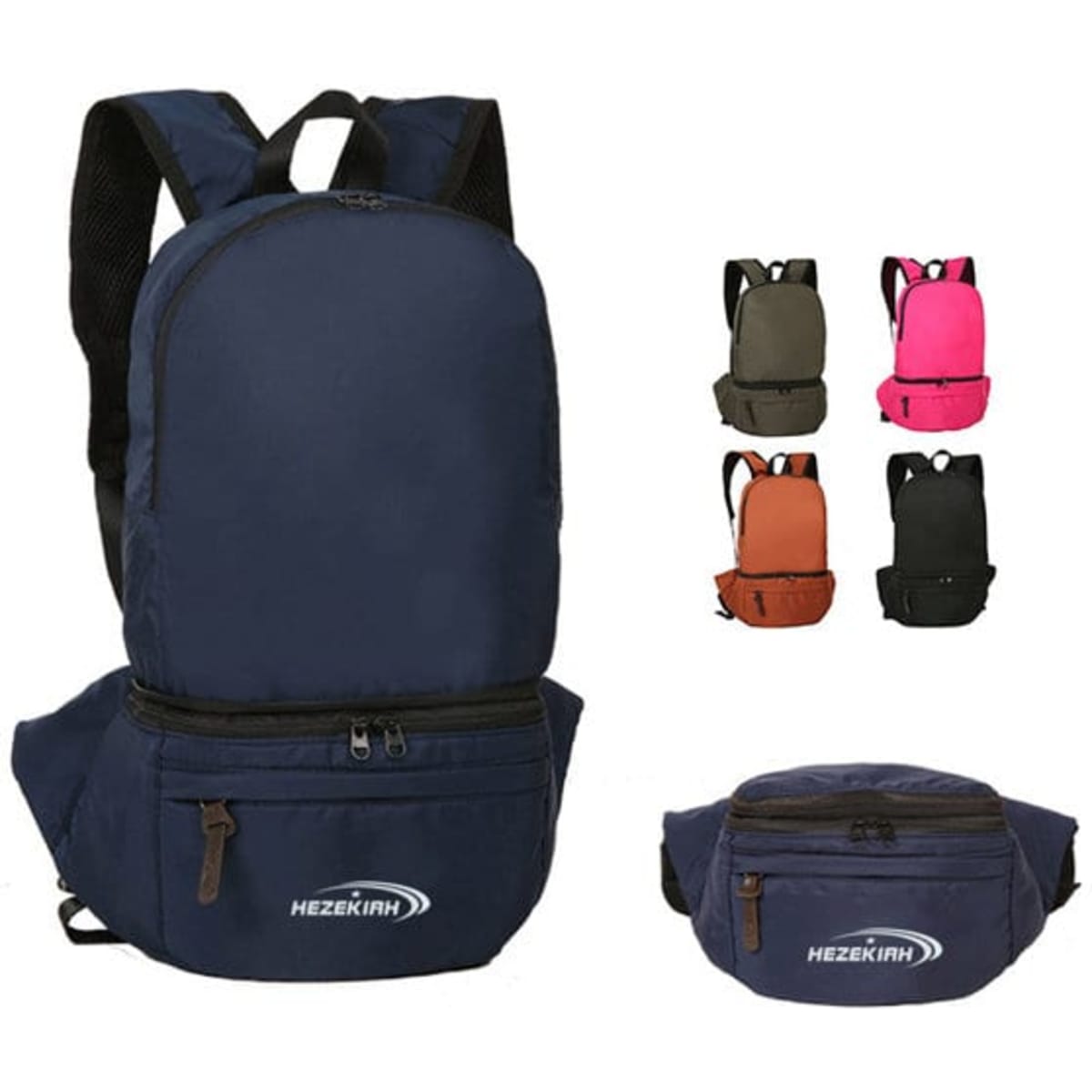 Waterproof foldable travel backpacks in navy, khaki, pink, orange, and brown, with a logo on each.