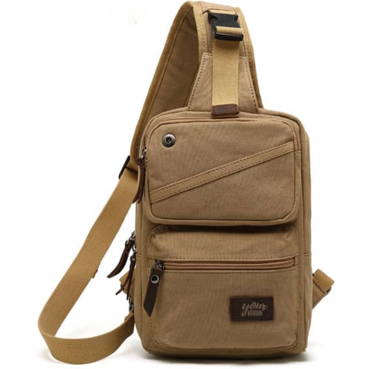 A tan men's chest bag with multiple zippered pockets and a shoulder strap. It features a logo.