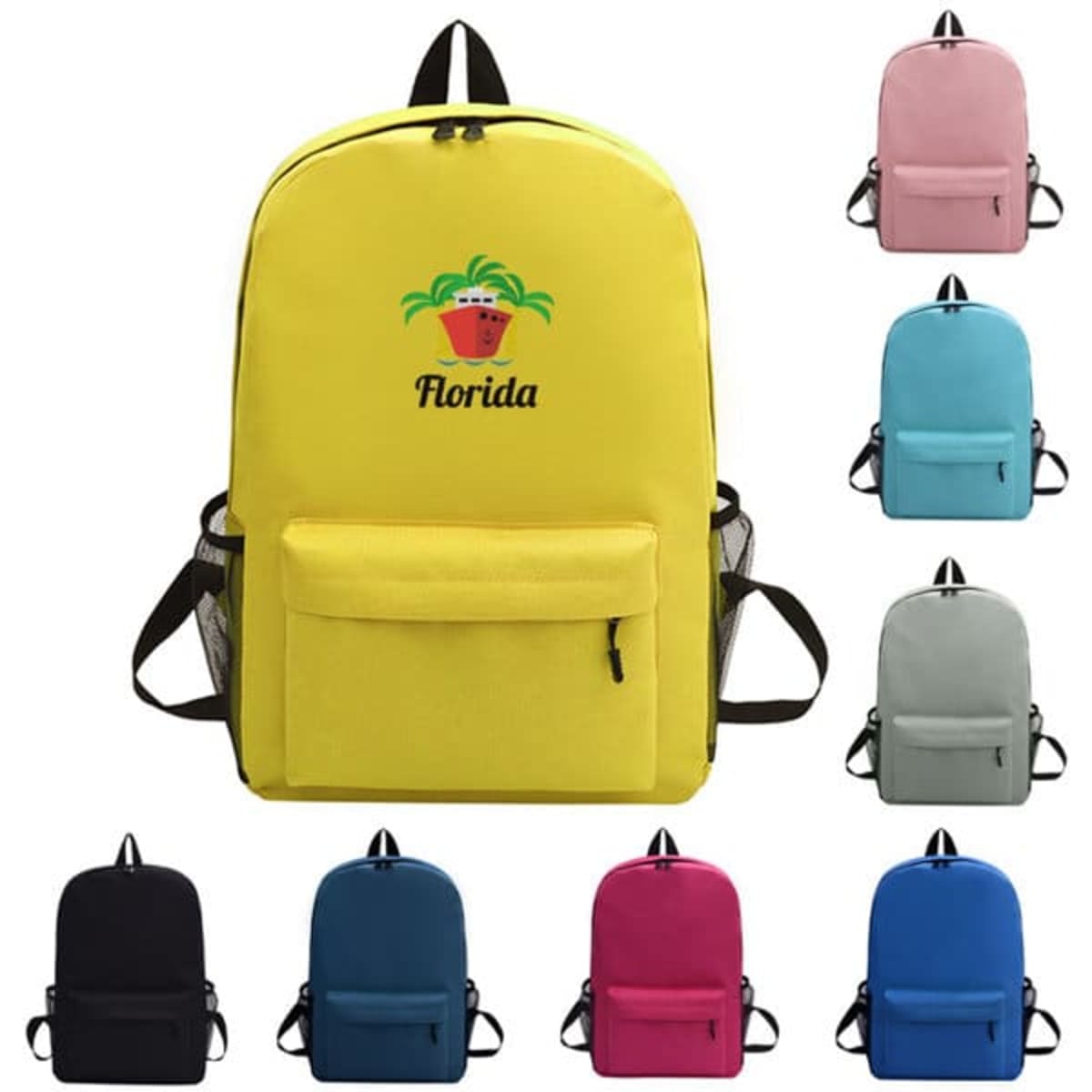A yellow unisex school backpack featuring a logo, with additional colours: pink, blue, grey, black, and burgundy.
