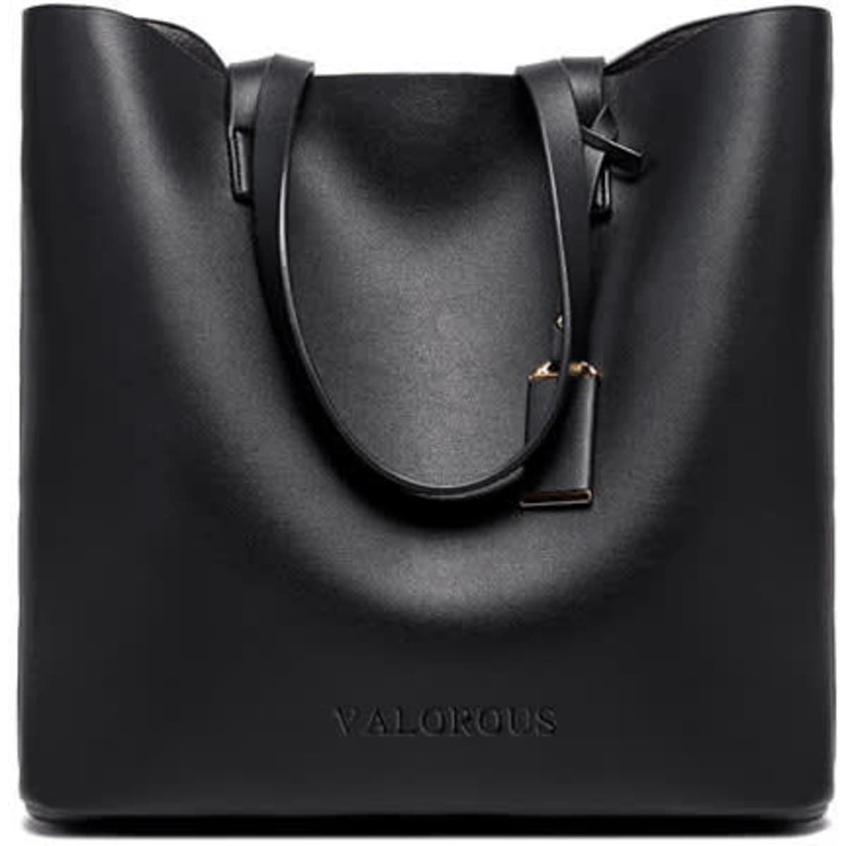 A black PU leather crossbody bag with two shoulder straps and a logo embossed on the front.