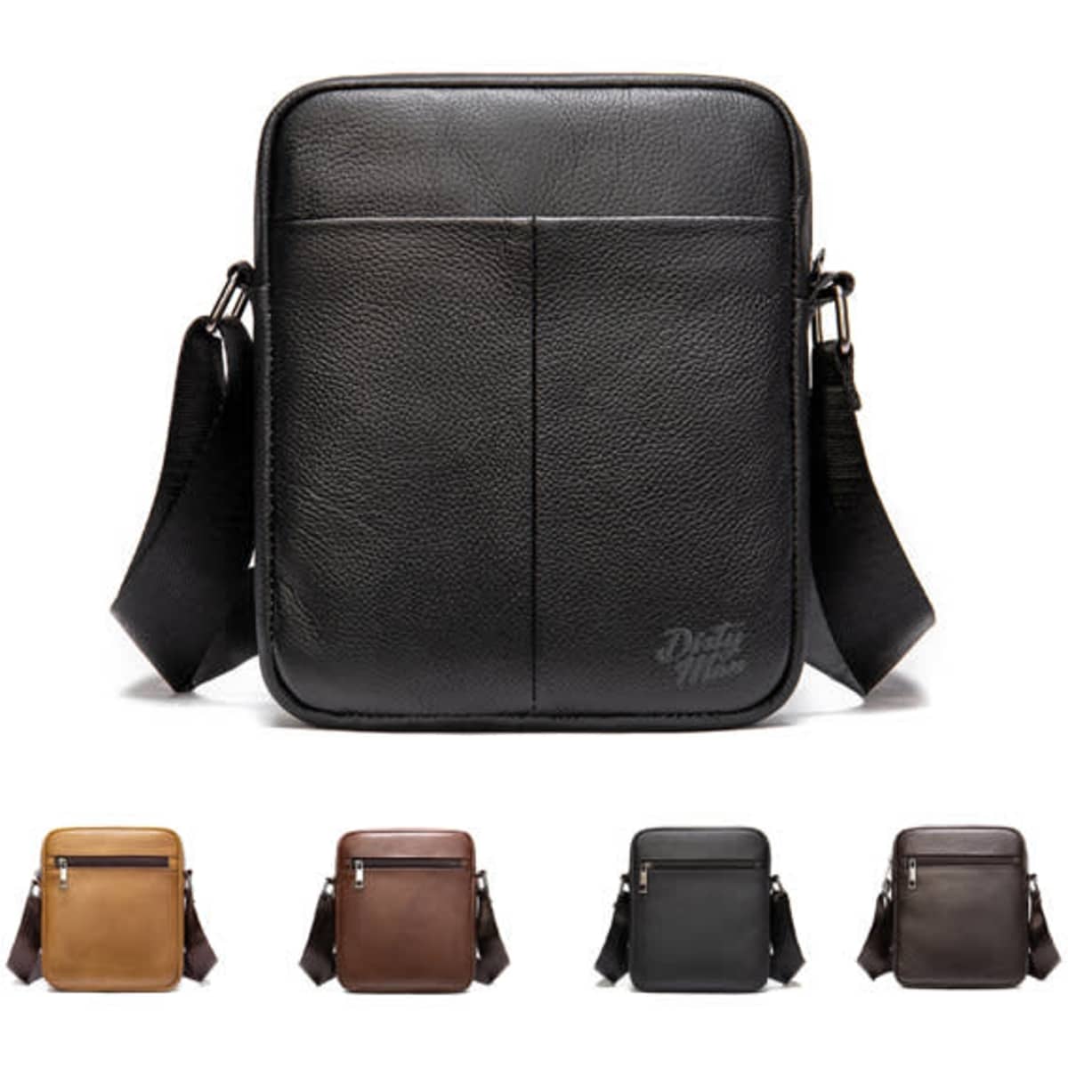 A small leather crossbody bag in black with adjustable strap, featuring sleek design and a logo on the front.