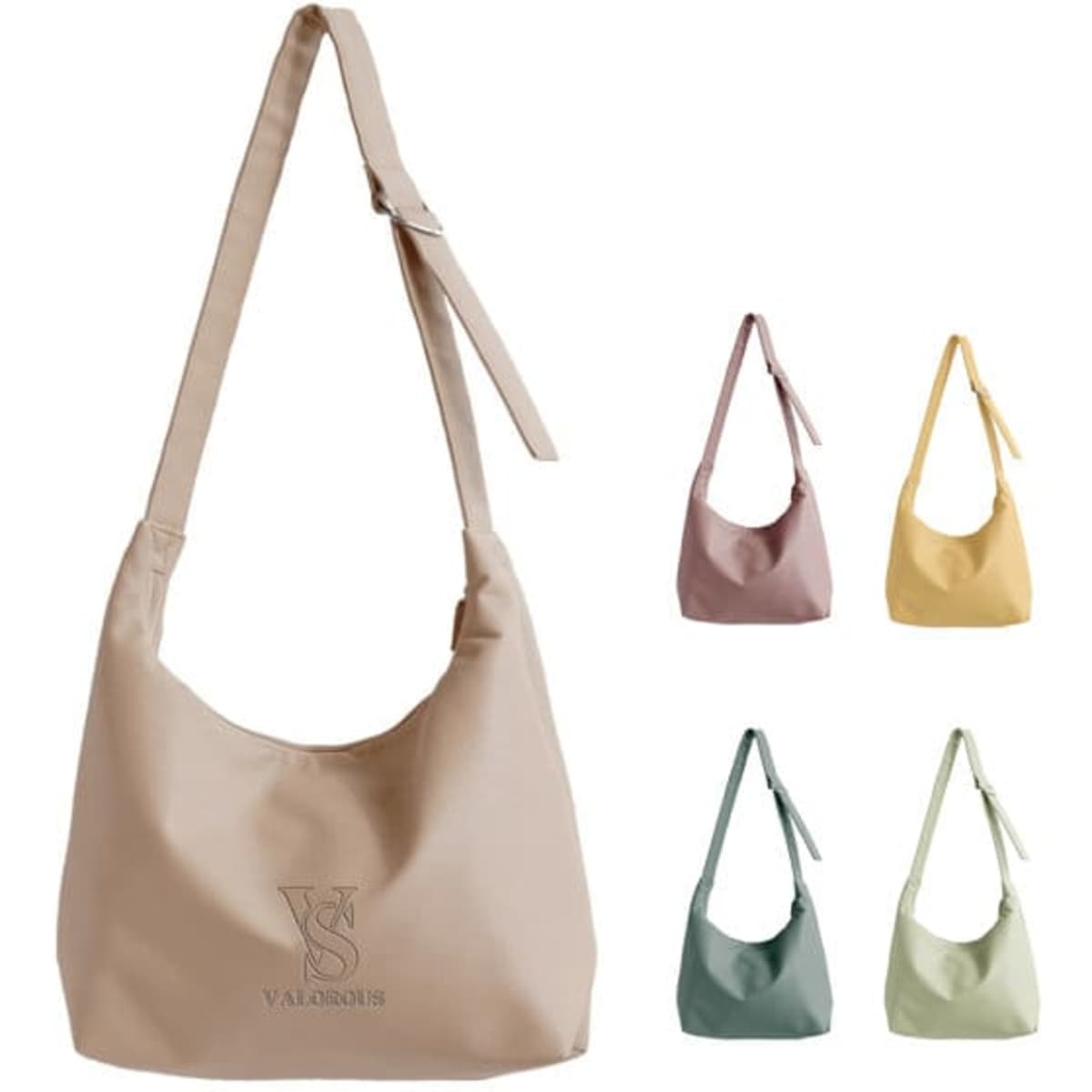A PU casual crossbody bag in beige, with additional bags in pastel colours: pink, yellow, green, and blue. Features a logo.