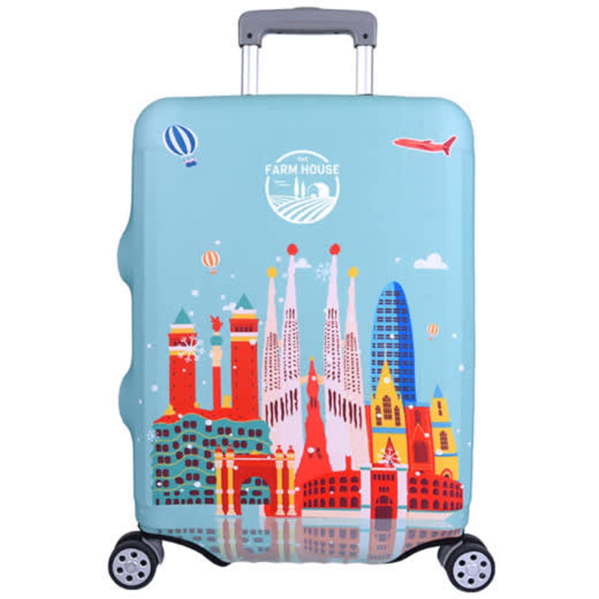 A blue elastic luggage cover featuring illustrations of famous buildings, a logo, and colourful graphics.