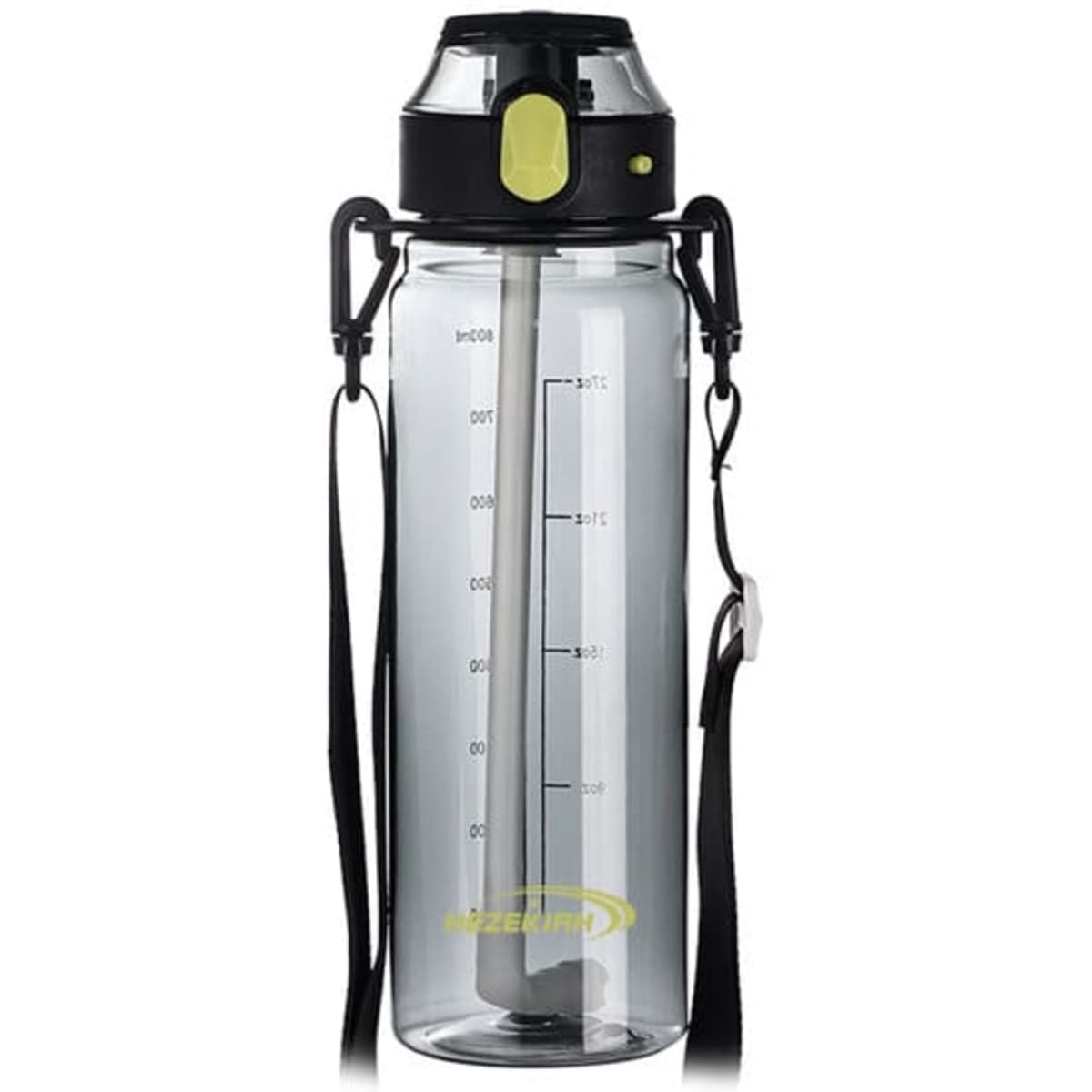 A drink bottle with a transparent body, black lid, and strap, featuring measurement markings and a logo.