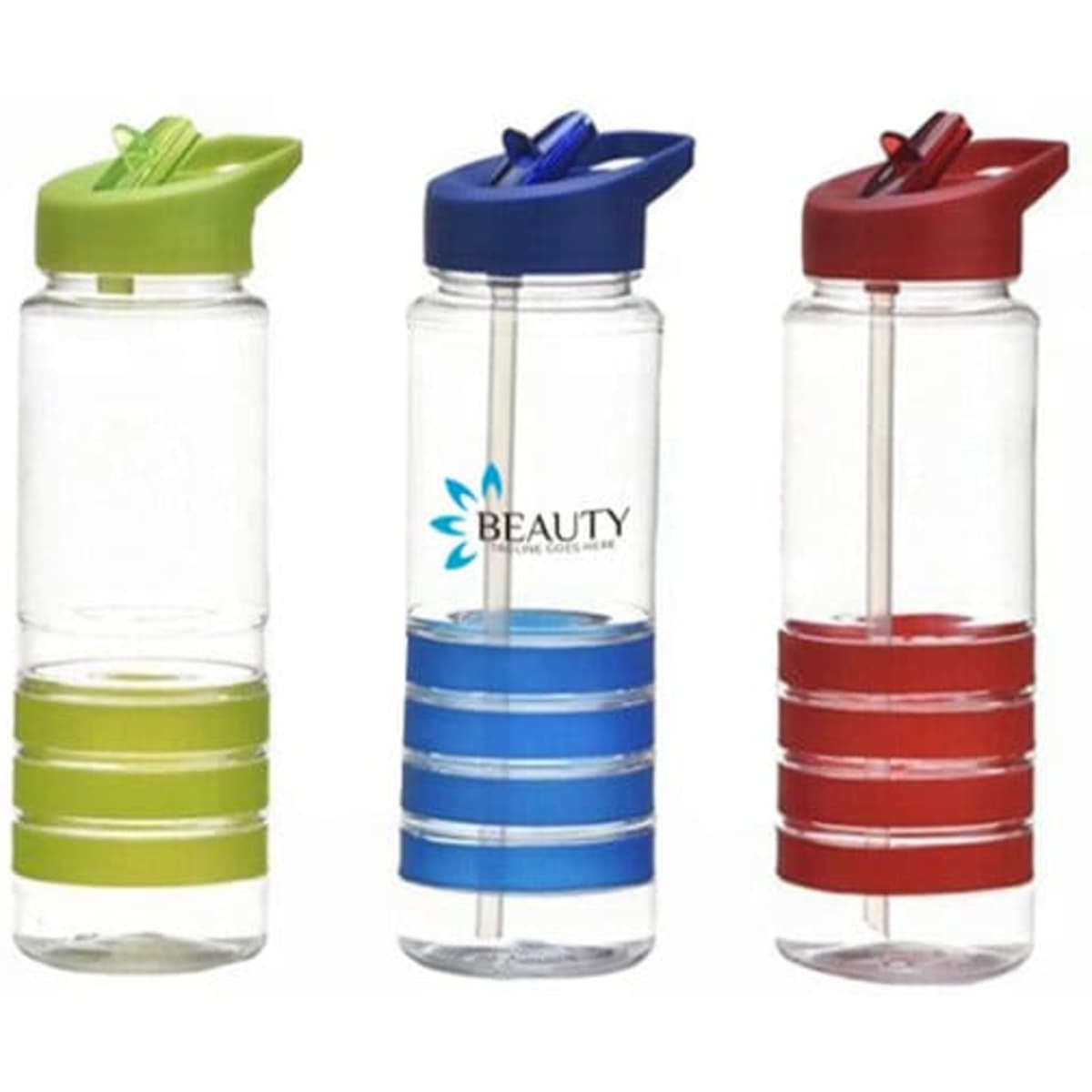 A drink bottle featuring a clear body with coloured lids and grips in green, blue, and red, with a built-in straw.