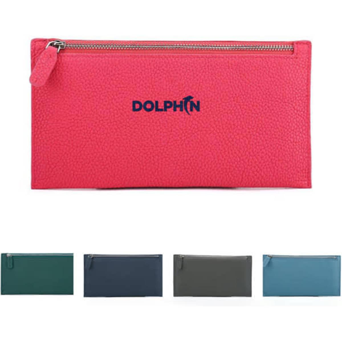 A pink PU leather wallet with a zipper and a logo, featuring four other colour options: green, navy, grey, and teal.