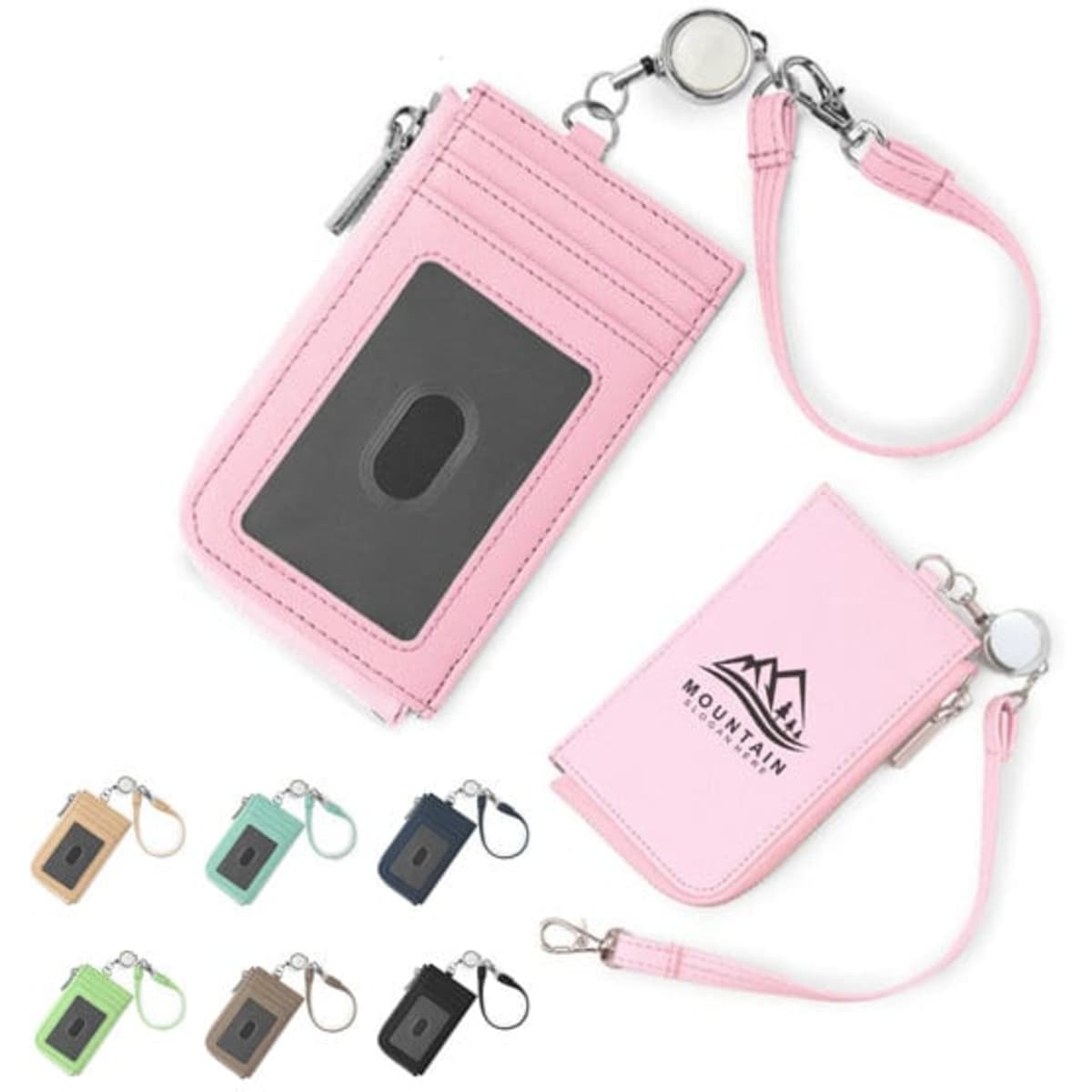 A pink business card holder wallet with wrist strap, featuring multiple card slots and a branding logo.
