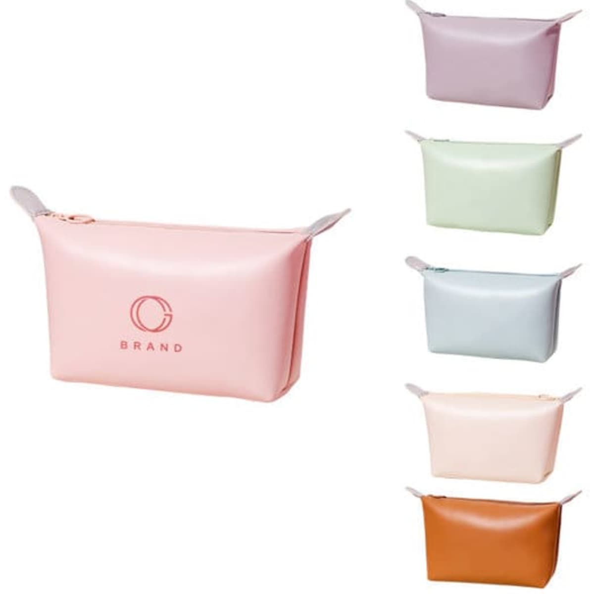 A pastel-toned PU dumpling cosmetic bag in various colours, featuring a zipper and a logo.