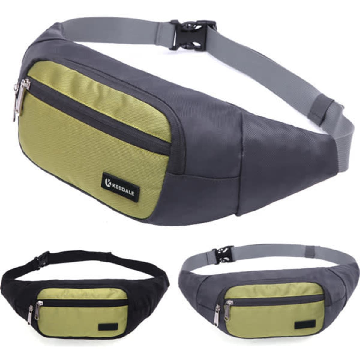 A grey and green waterproof fanny pack with a zippered pocket and adjustable strap, featuring a brand logo.