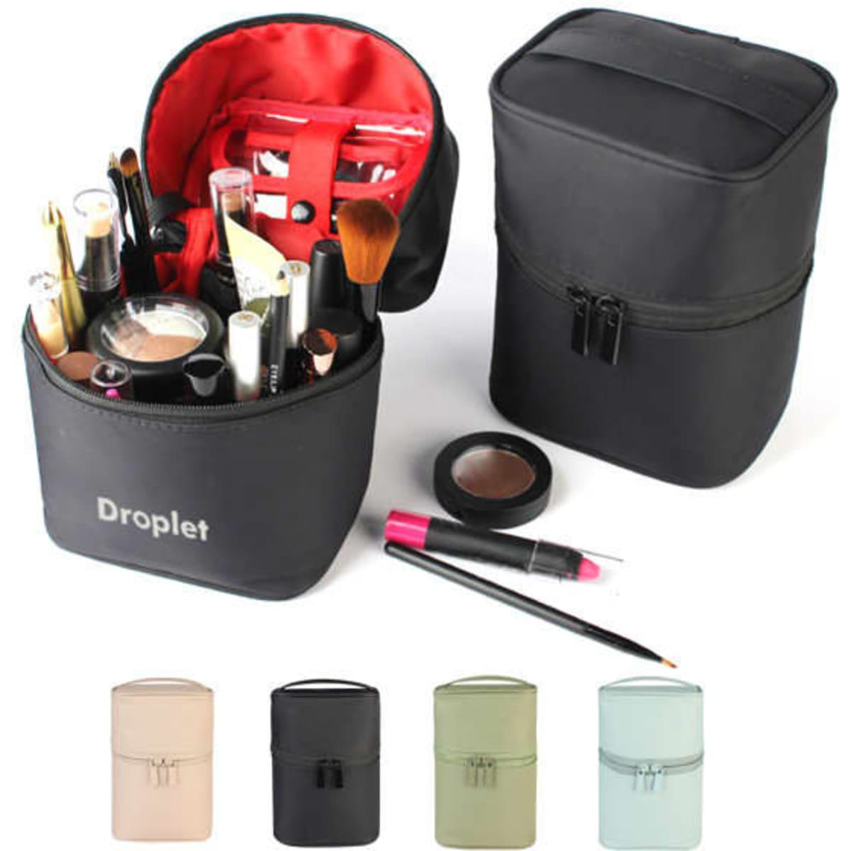 A portable barrel-shaped cosmetic bag in black, filled with various makeup products and tools, featuring a logo.
