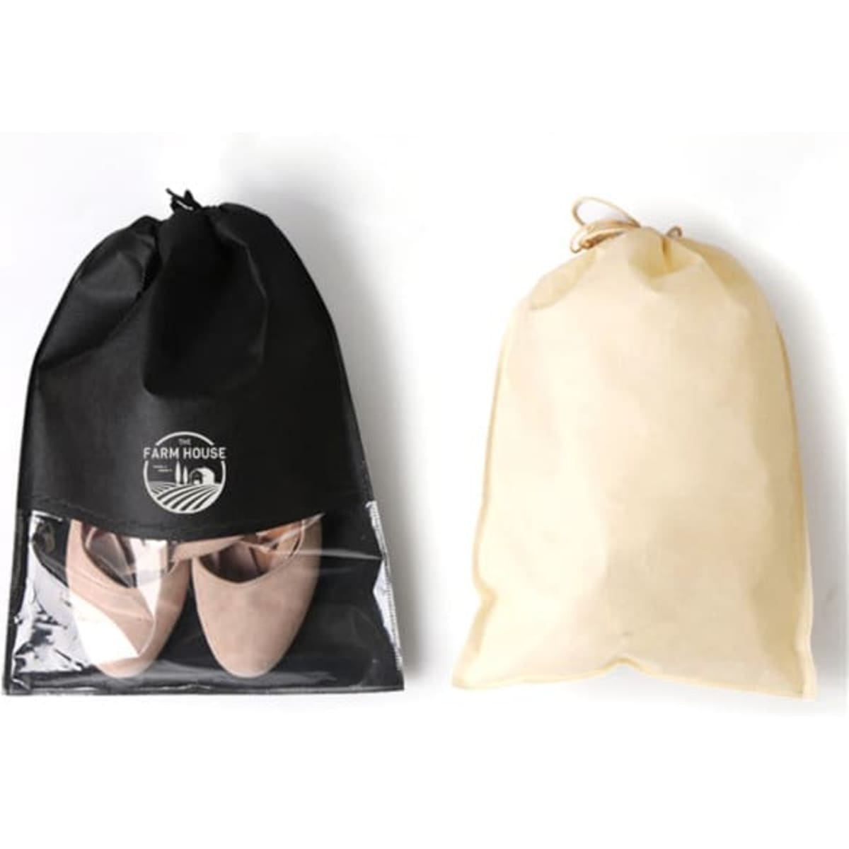 A black and cream drawstring shoe bag with a clear window showcasing a pair of shoes inside. Each bag features a logo.