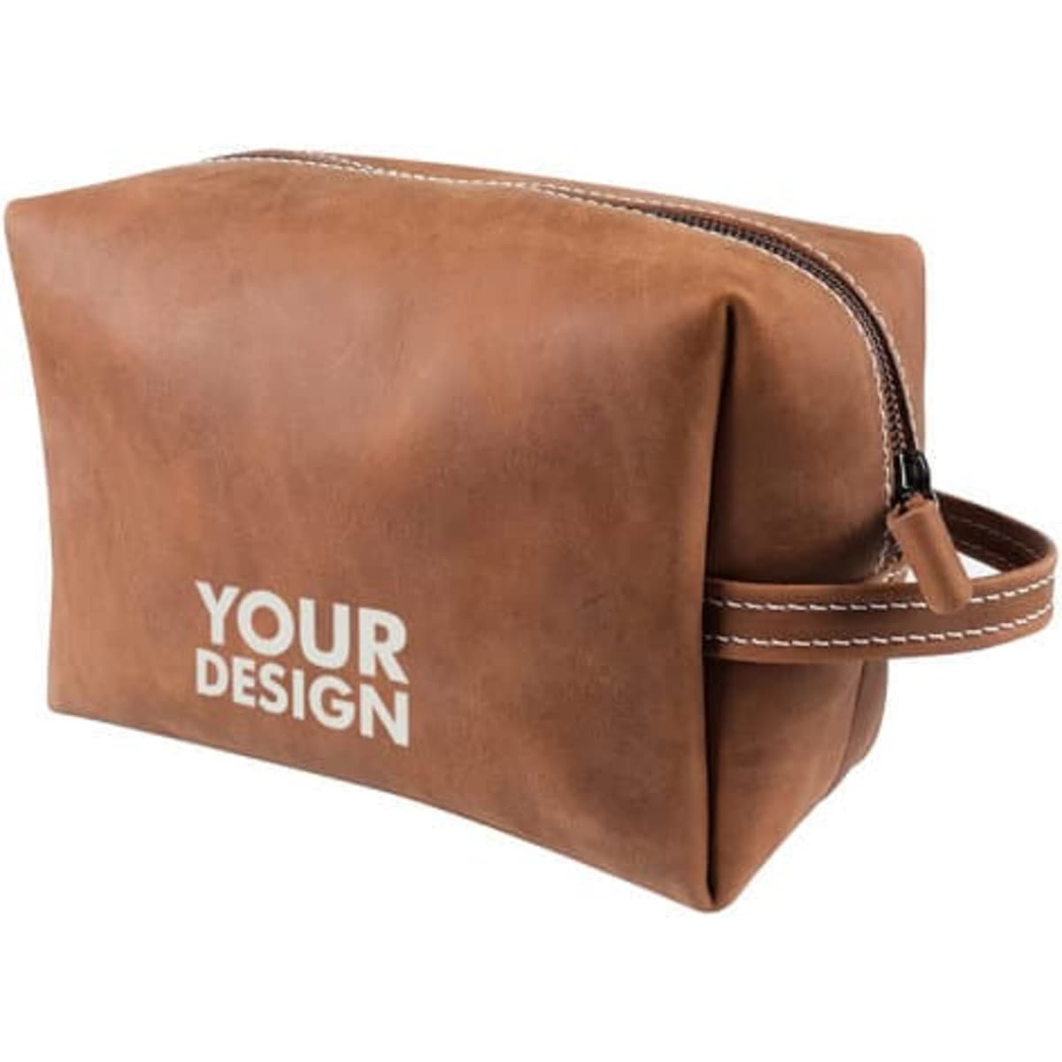 A brown PU leather cosmetic bag with a zip closure and a handle, featuring a branding logo.