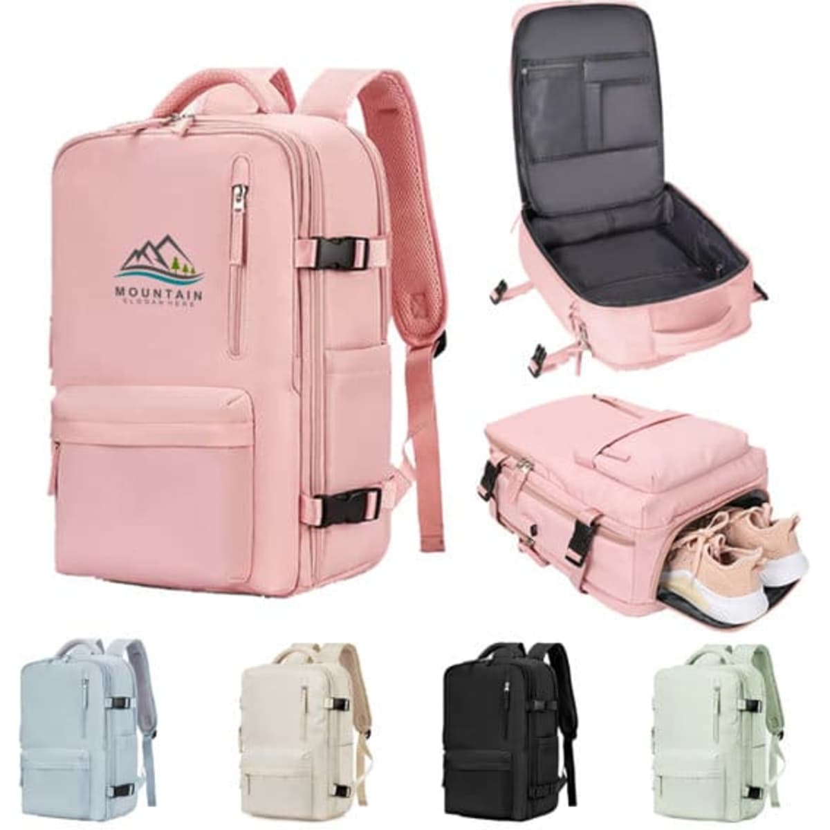 A pink laptop backpack with adjustable straps, featuring multiple compartments, a lined interior, and a logo. Available in various colours.