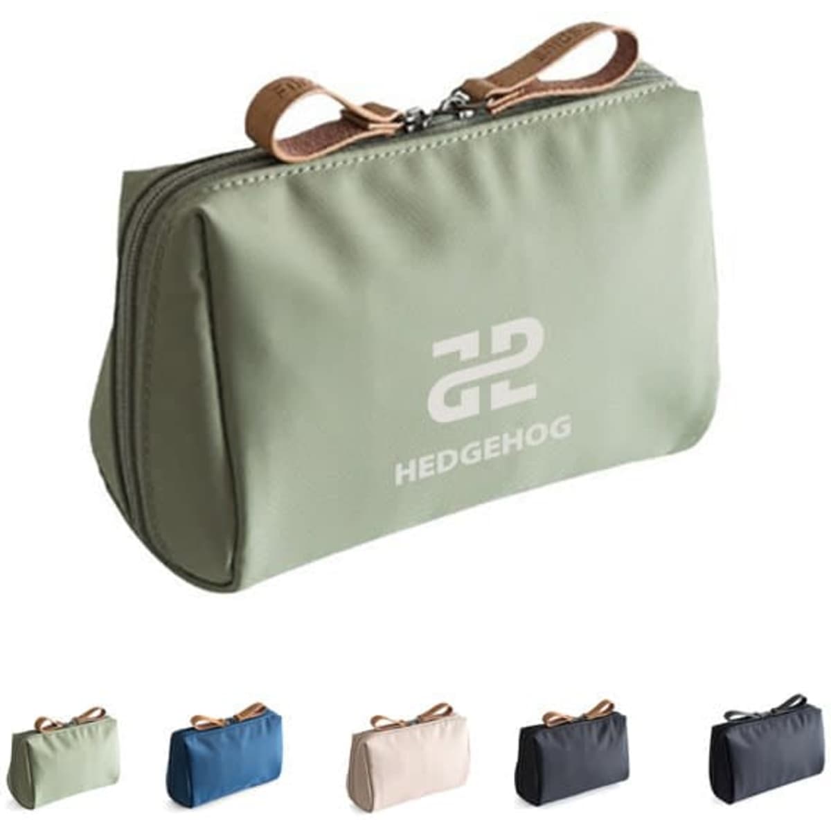 A green cosmetic bag with a zip closure, featuring a logo, accompanied by options in blue, beige, and black.