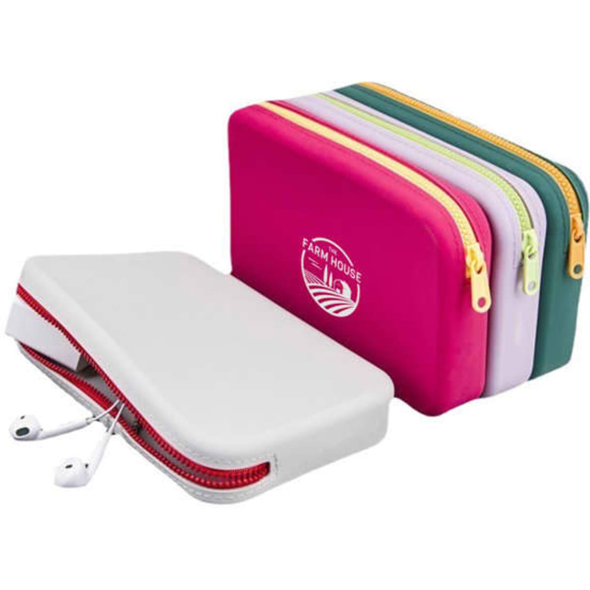 Silicone travel cosmetic bags in various colours including pink, green, purple, and grey, featuring a logo.