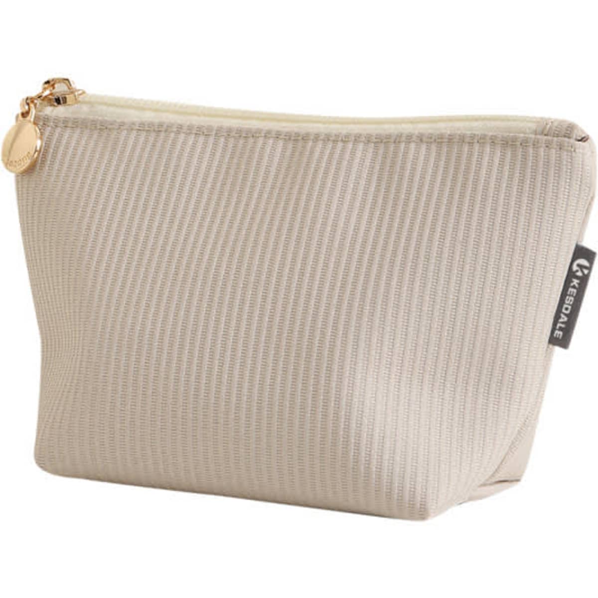 A beige toiletry bag with a textured design and a gold zipper, featuring a small logo on the side.