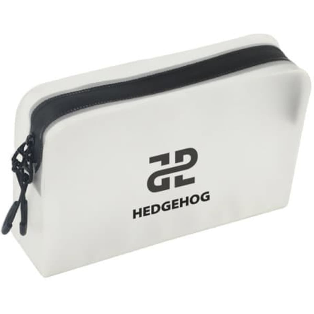 A frosted transparent TPU toiletry bag in white, featuring a black zip and a logo on the front.