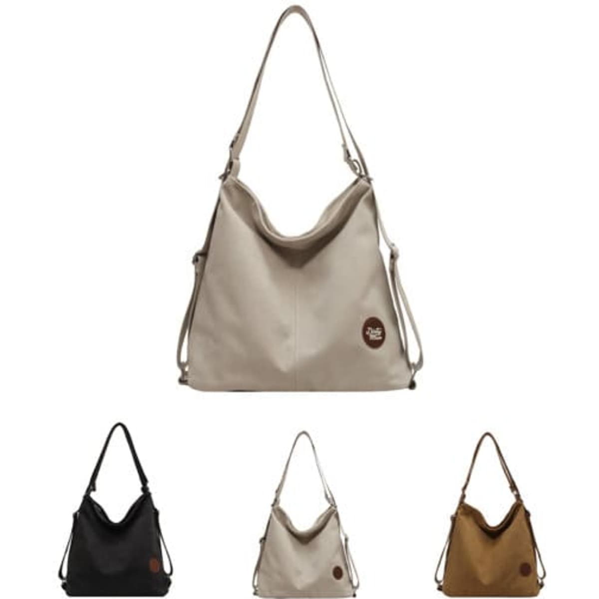 A canvas tote bag with a shoulder strap, available in beige, black, and brown, featuring a logo.