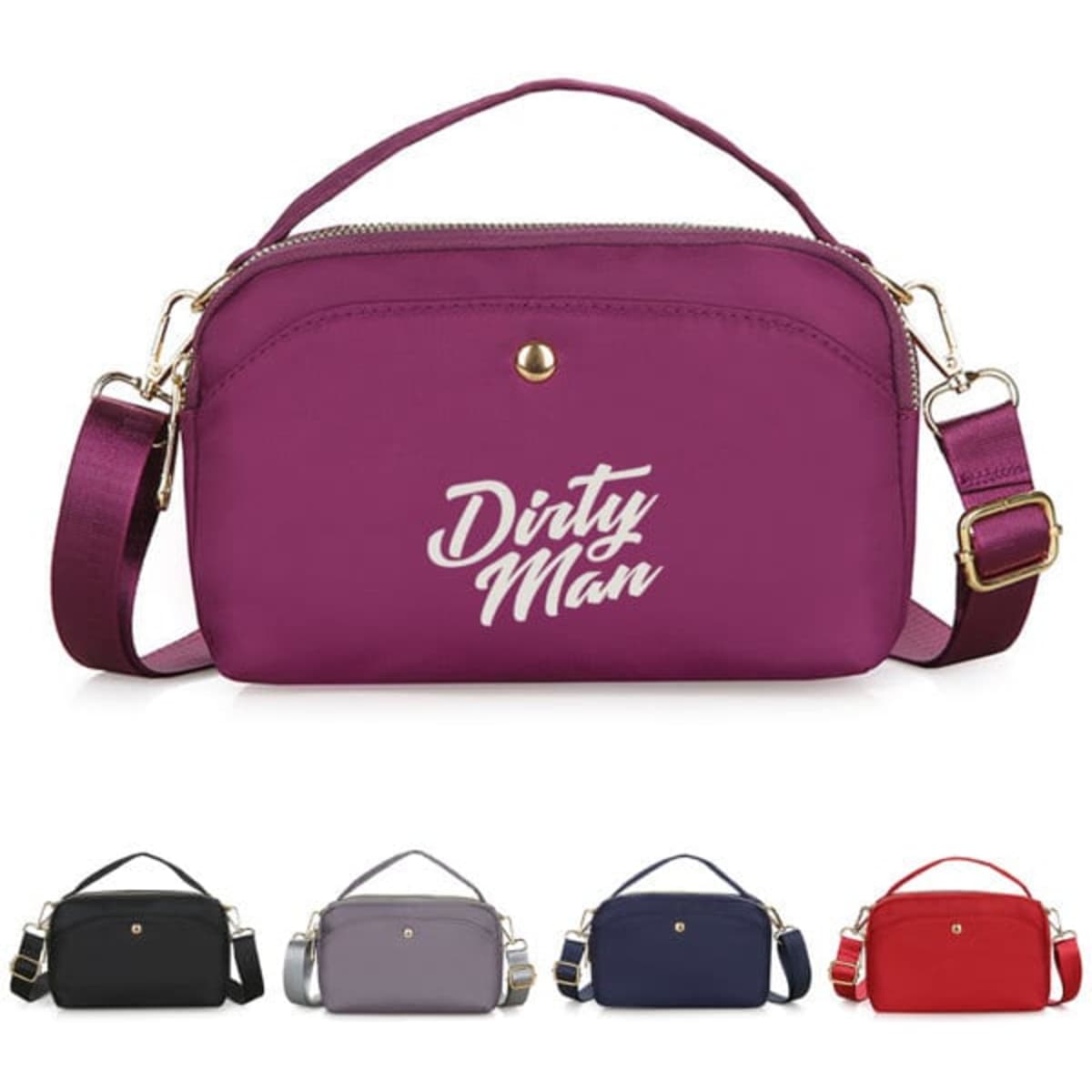 A nylon crossbody bag in purple with a logo, featuring a detachable strap and zippered closure. Also available in black, grey, navy, and red.