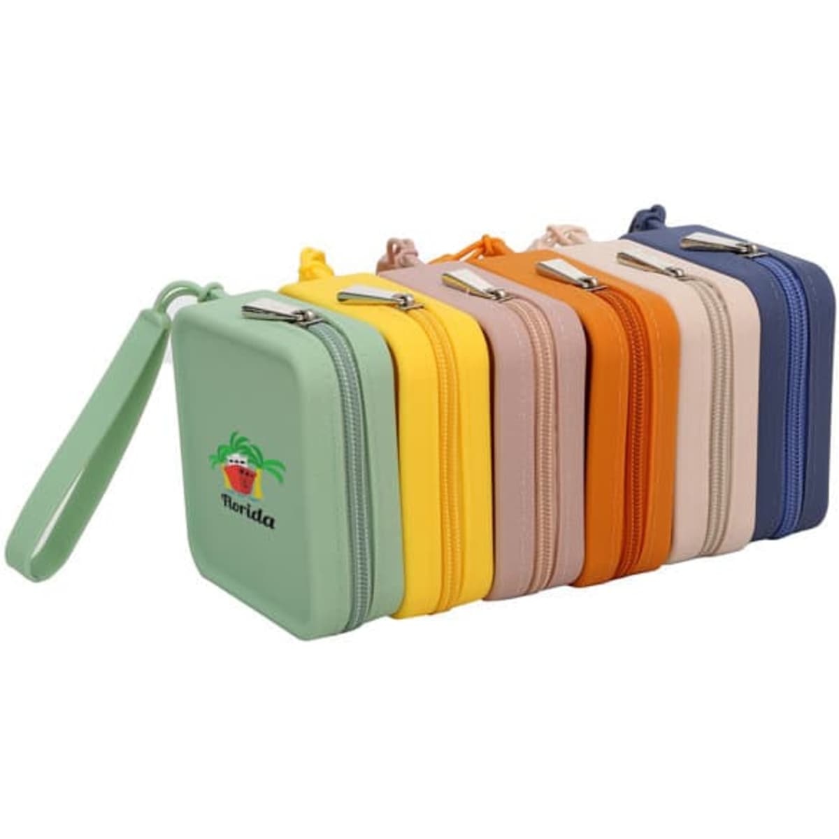 A series of silicone square makeup bags in green, yellow, peach, orange, beige, and blue, featuring a logo.