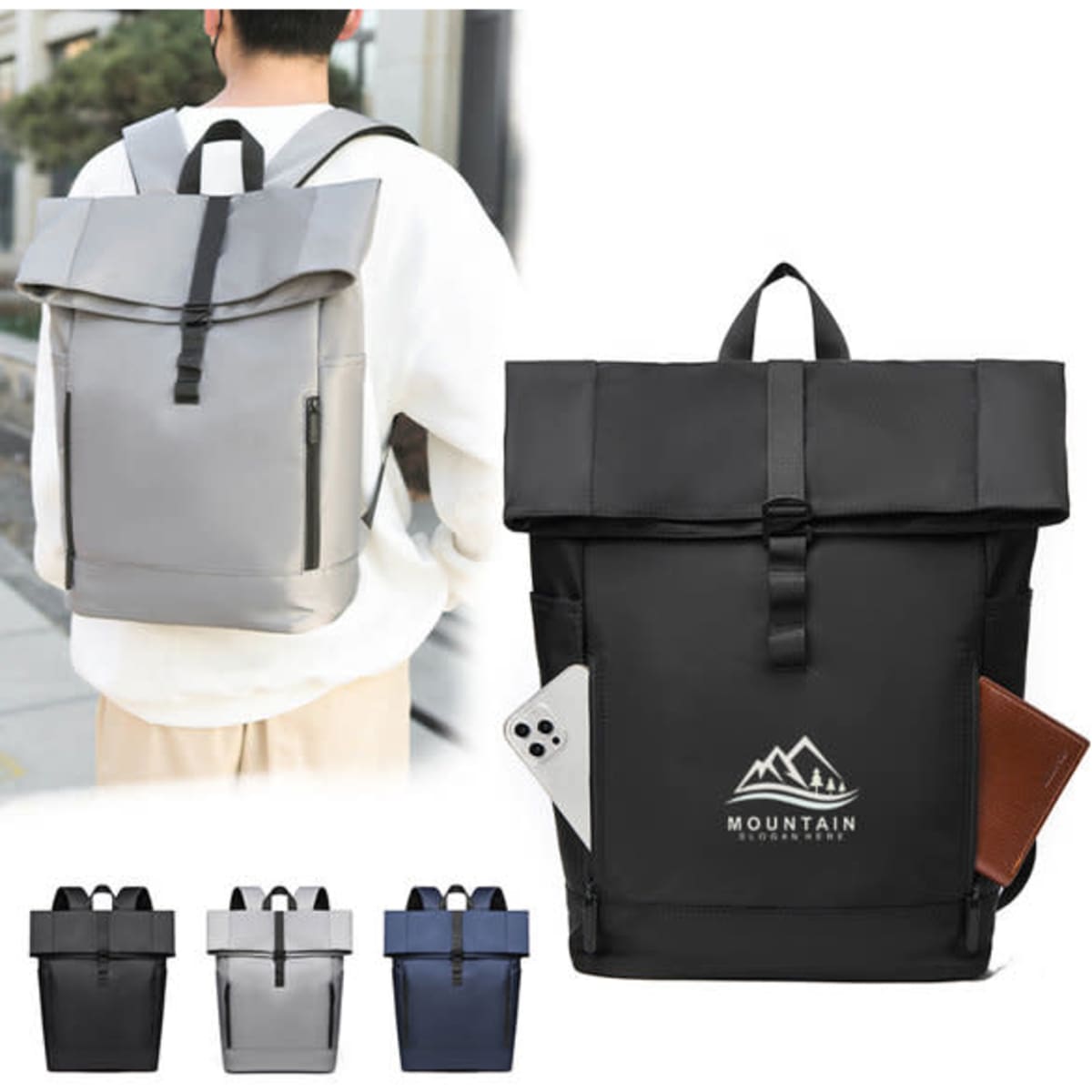 A roll-top backpack in grey and black, featuring a logo, with a person wearing it and items visible in its pockets.