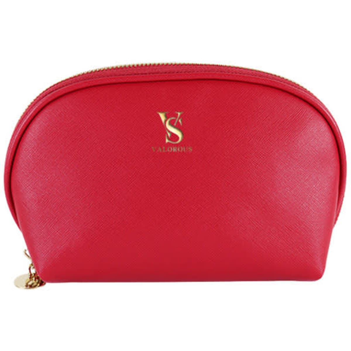 A red mini shell-shaped cosmetic bag with a gold logo and a zip closure.