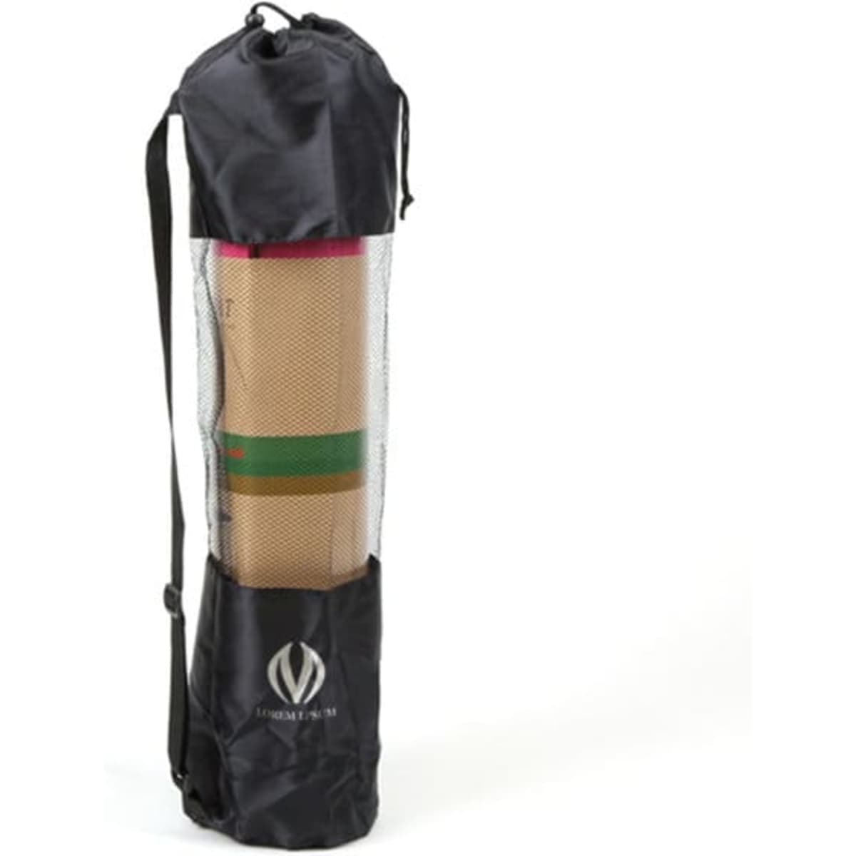 A black drawstring bag with mesh sides holding a rolled yoga mat featuring green and pink stripes.