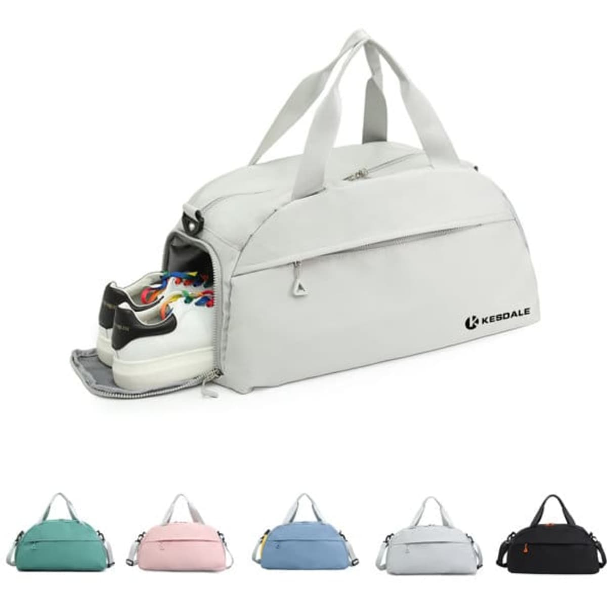 A grey duffle bag with a compartment for shoes, featuring multiple colour options and a logo.