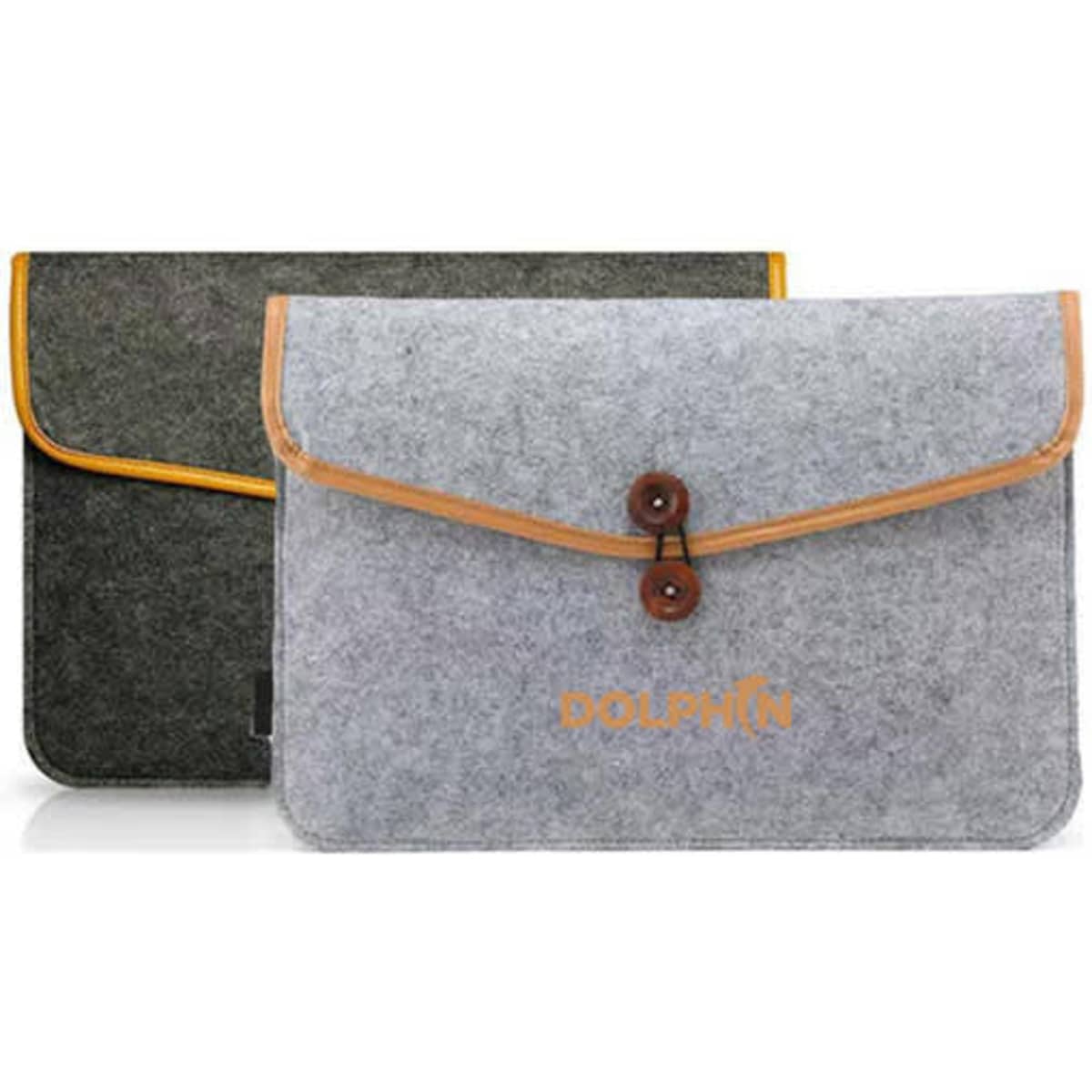 A grey and black durable felt laptop sleeve with a brown button closure and a logo.