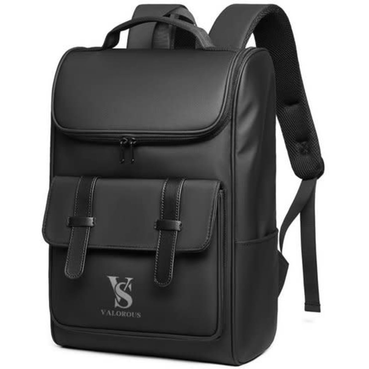 A large capacity black laptop backpack featuring a front pocket and padded straps, with a logo on the front.