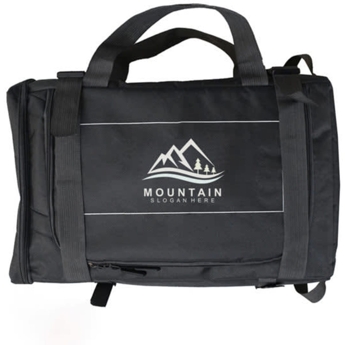 A black multifunctional backpack with handles and a logo, featuring multiple compartments and straps.