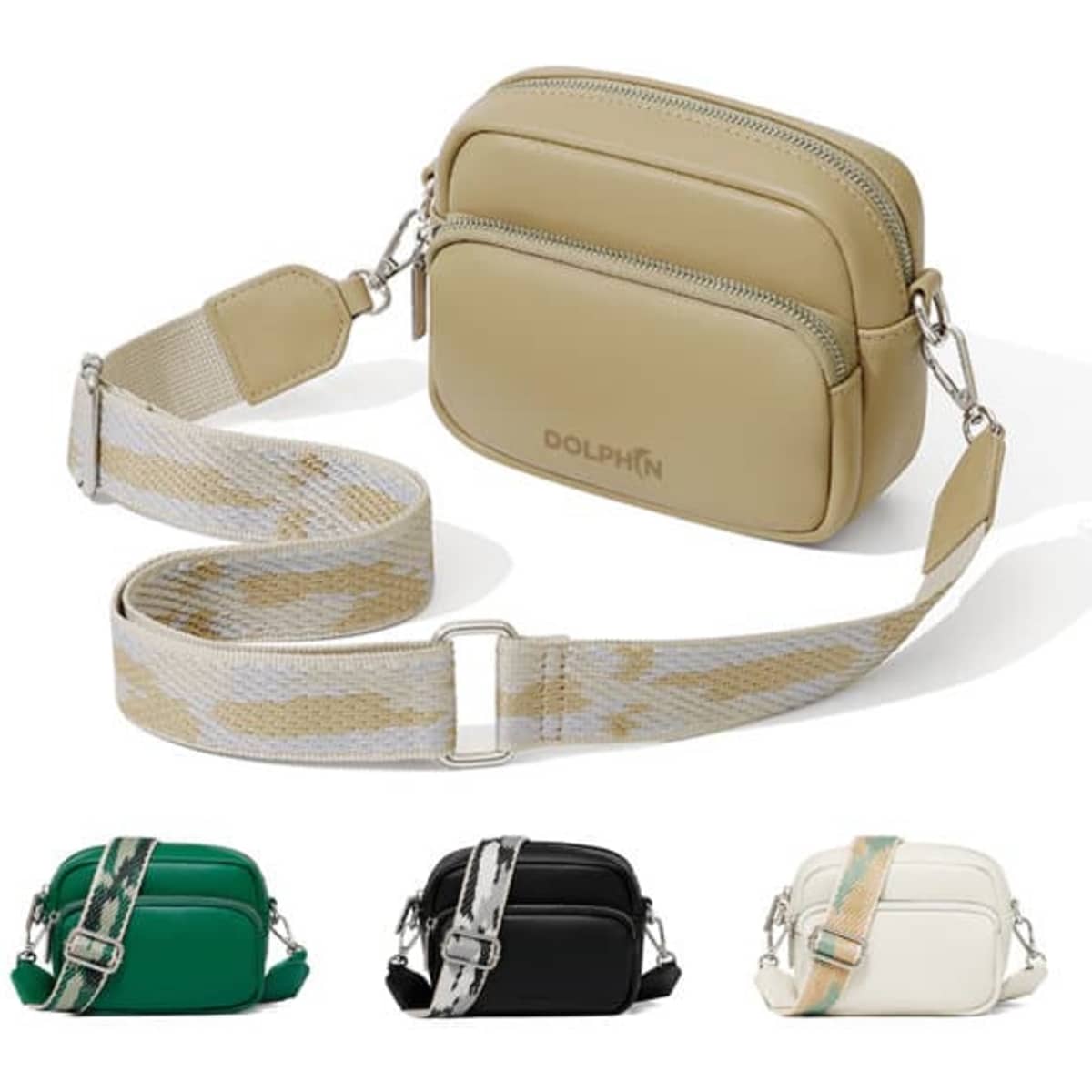 A square crossbody bag in beige with a patterned guitar strap, alongside black, green, and white variations.