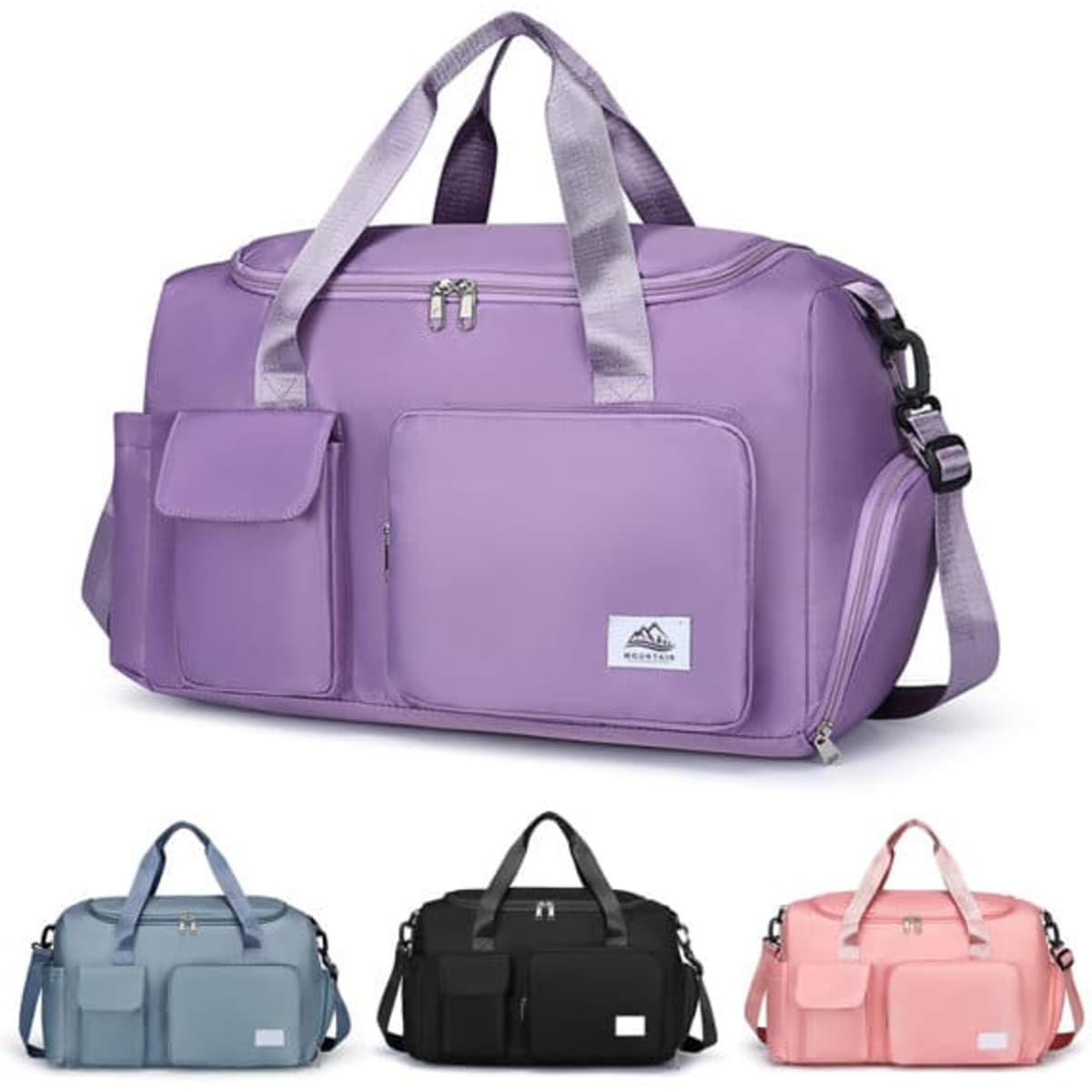 A purple multi-purpose sports duffle bag with two front pockets, alongside a black and a pink version.