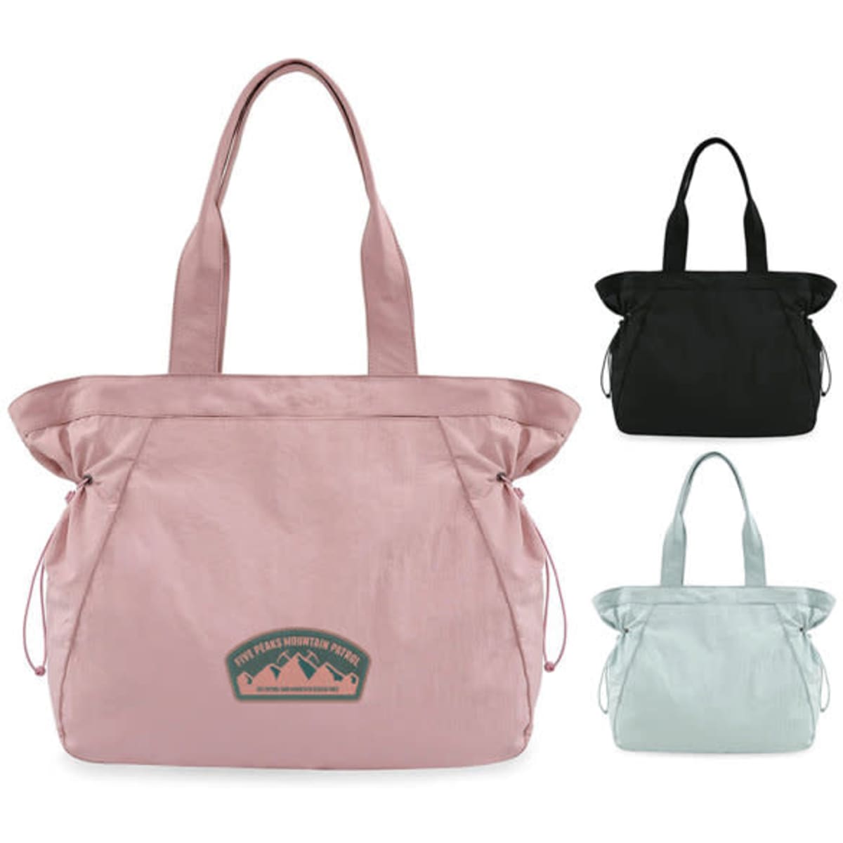 Nylon waterproof tote bags in pink, black, and light blue, each featuring a small logo.