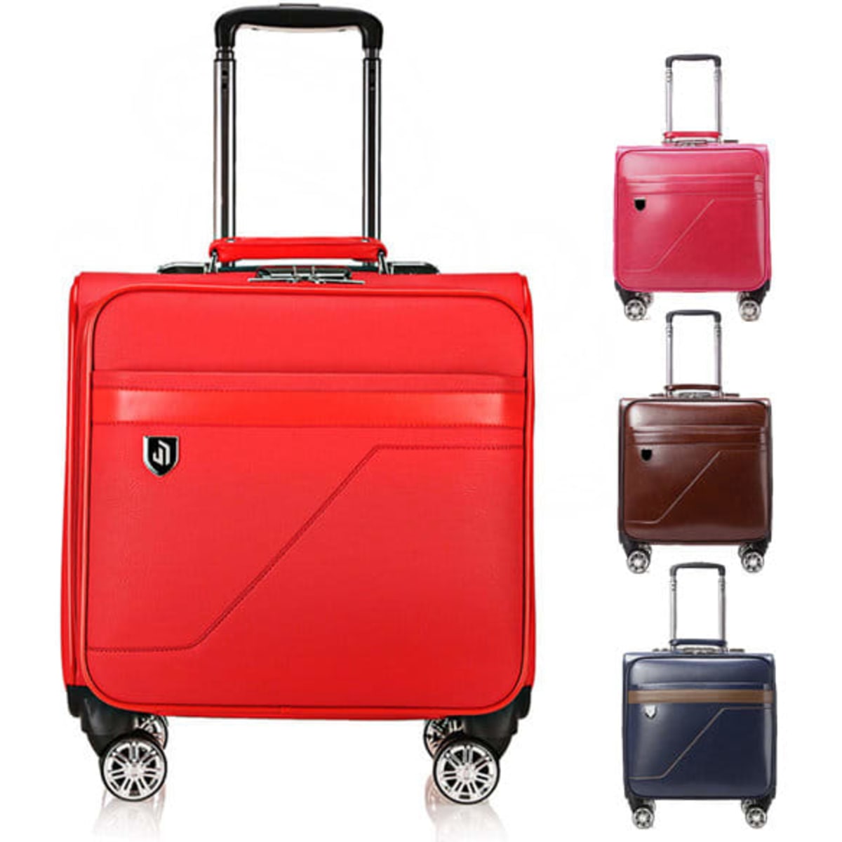 A red wheeled suitcase with a retractable handle and multiple wheels, alongside three other suitcases in different colours.