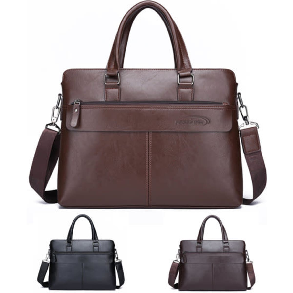 A premium leather briefcase bag in brown, featuring a front zip pocket and a detachable strap, with black variants below.