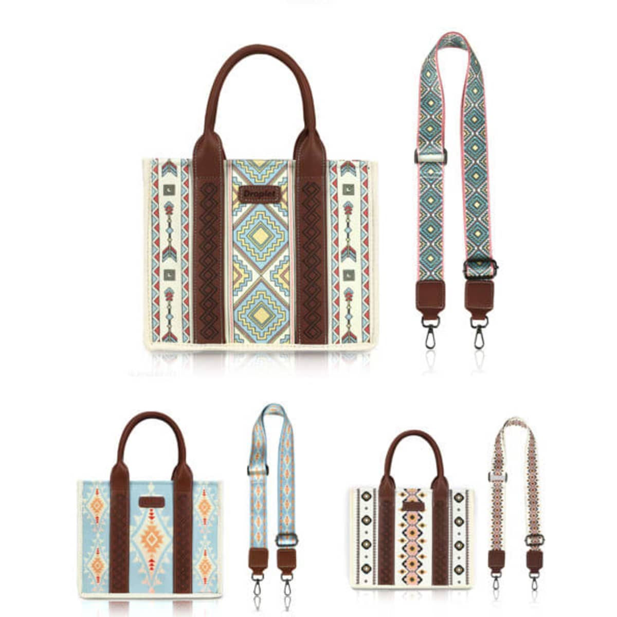 A patterned canvas tote bag in shades of blue, brown, and cream with a detachable strap. It features a logo.