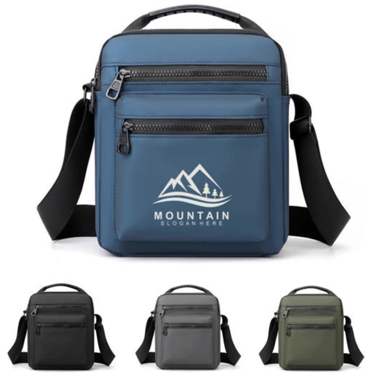 A blue men's casual waterproof crossbody bag with a logo, featuring zippered compartments, and available in grey and green options.